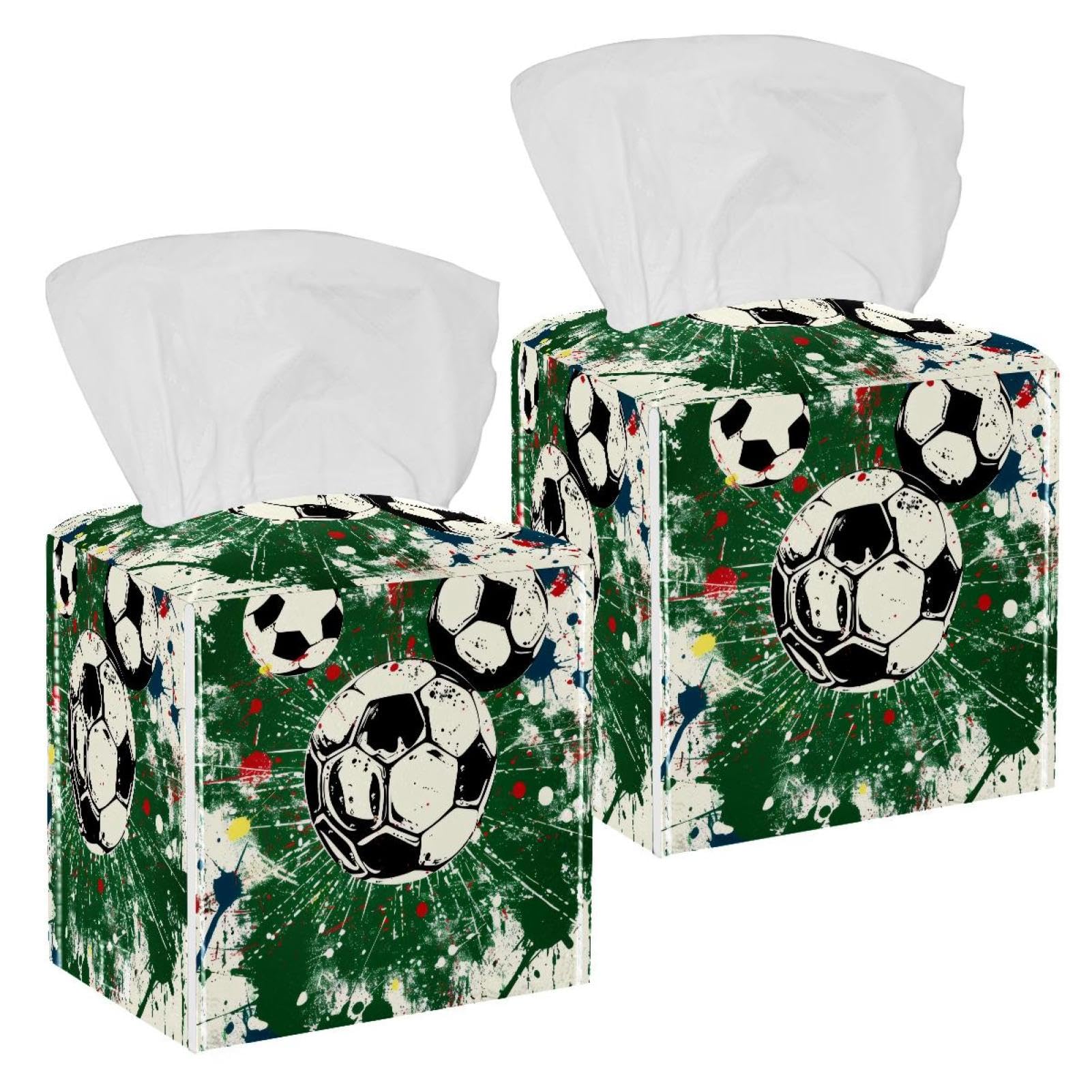 Splashes Soccer Football Tissue Box Cover, 2 Pack PU Leather Square Facial Tissue Dispenser Box holder for Home Office Car