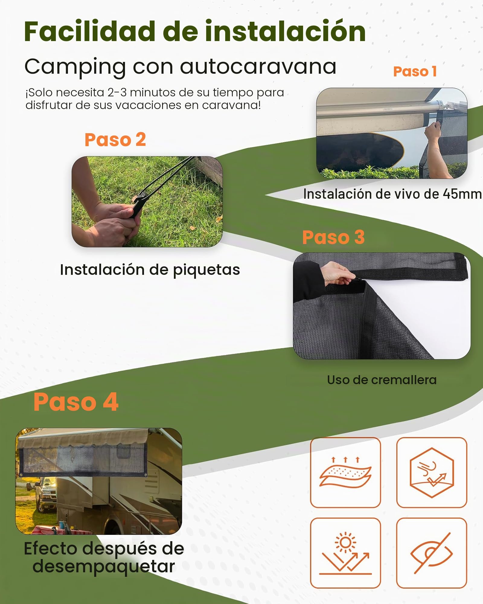 Protección solar para toldos autocaravanas, 75% vistas bloqueantes, protección visual para la pared delantera, para caravanas, caravanas (altura 2 m x ancho 4,3 m)