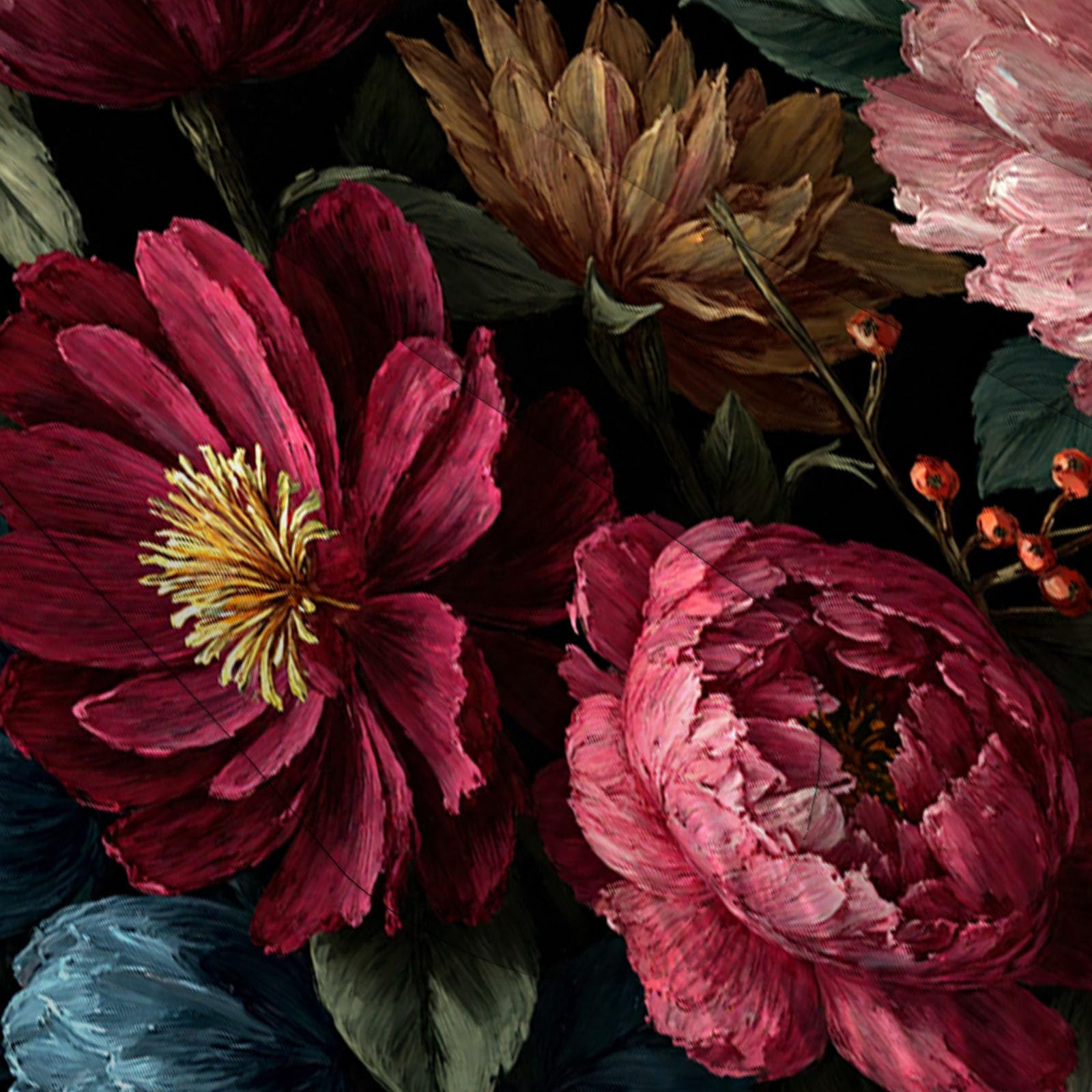 Bettdecke Retro-Ölgemälde Blumen 4-Jahreszeiten Steppdecke in 240x220 cm mit Pfingstrosen Beeren Zweige Blätter, Warme und Weiche Schlafdecke ohne Bezug mit Kissenbezügen, Ziegelrot
