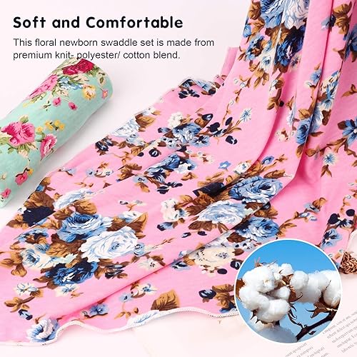 Miniatura 7 de DRESHOW BQUBO - Paquete de 1 manta para recién nacido, con diseño floral para recién nacido, con diademas o sombreros, saco de dormir para niños