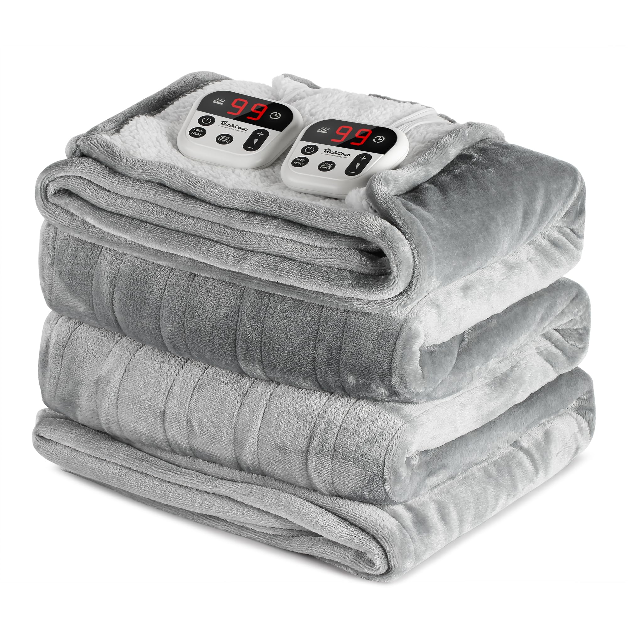 Mia&Coco Heated Blanket Queen Size -84"x90" Dual Control Flannel Electric Blanket,10 Heat Levels,10-Hour Auto-Off,Fast Heating,Overheat Protection, Soft Heating Blanket for Home and Office (Gray)