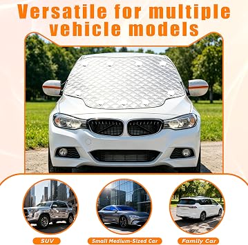 Car Windshield Sun Shade, Sun Cover for Car with 9 Strong Magnets & 2 Adjustable Straps, Car Windscreen Snow & Ice Protector for SUV (160x116cm), Essential Car Accessories for Summer Winter