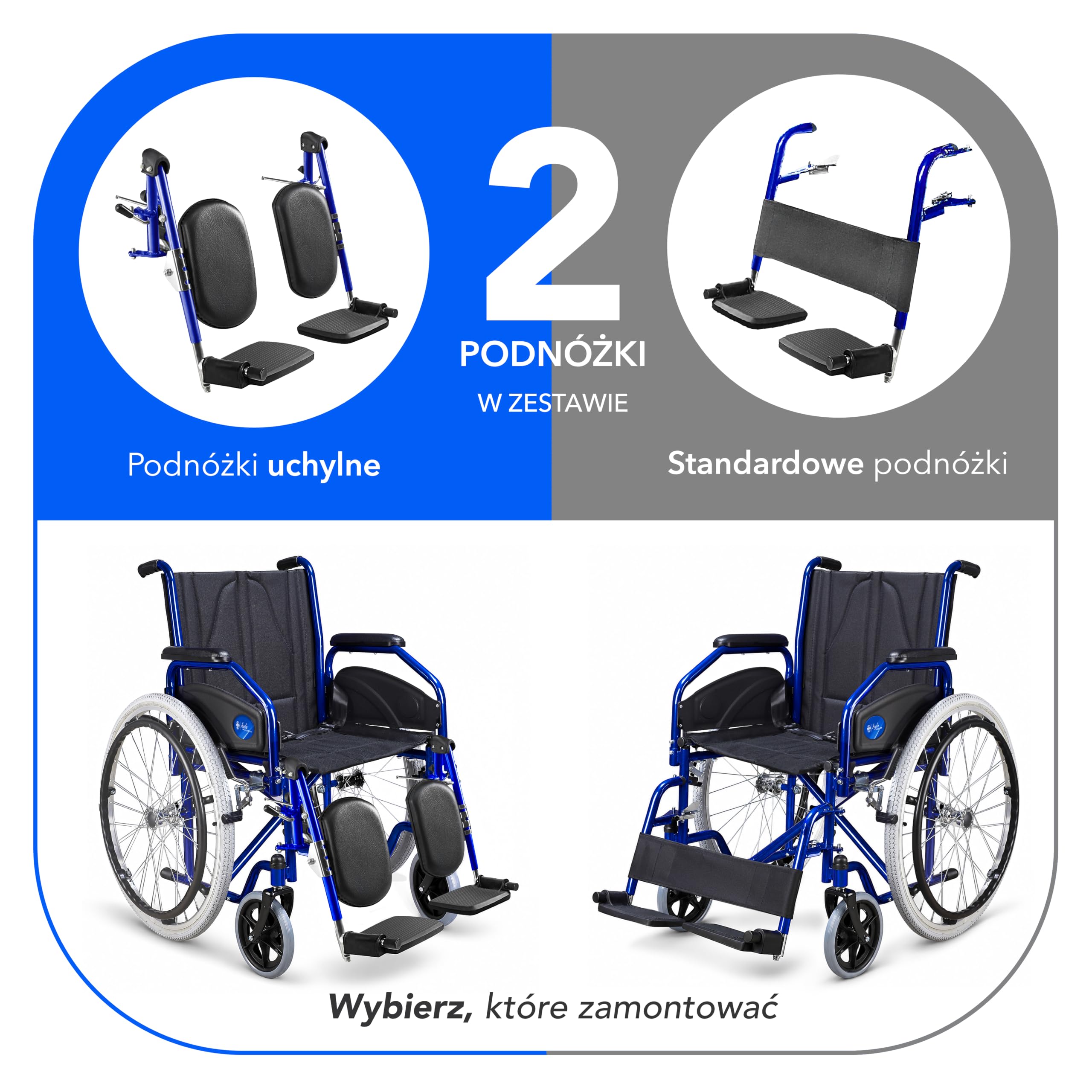 AIESI® Wózek Inwalidzki lekki składany z podnoszonymi i regulowanymi podnóżkami AGILA EVOLUTION PLUS, Zdejmowane podłokietniki, Pas bezpieczeństwa, Pompa inflacyjna, Gwarancja 24 miesiące