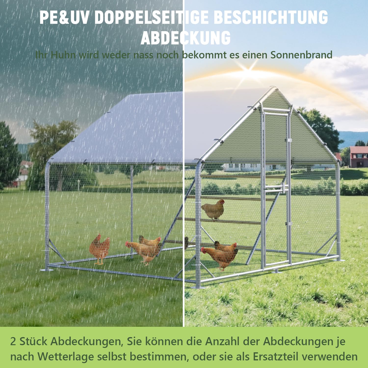 Grande pollaio in metallo, 3 x 2 x 2 m, con tetto, per giardino, resistente alle intemperie, per 6-10 polli, con accessori e scala