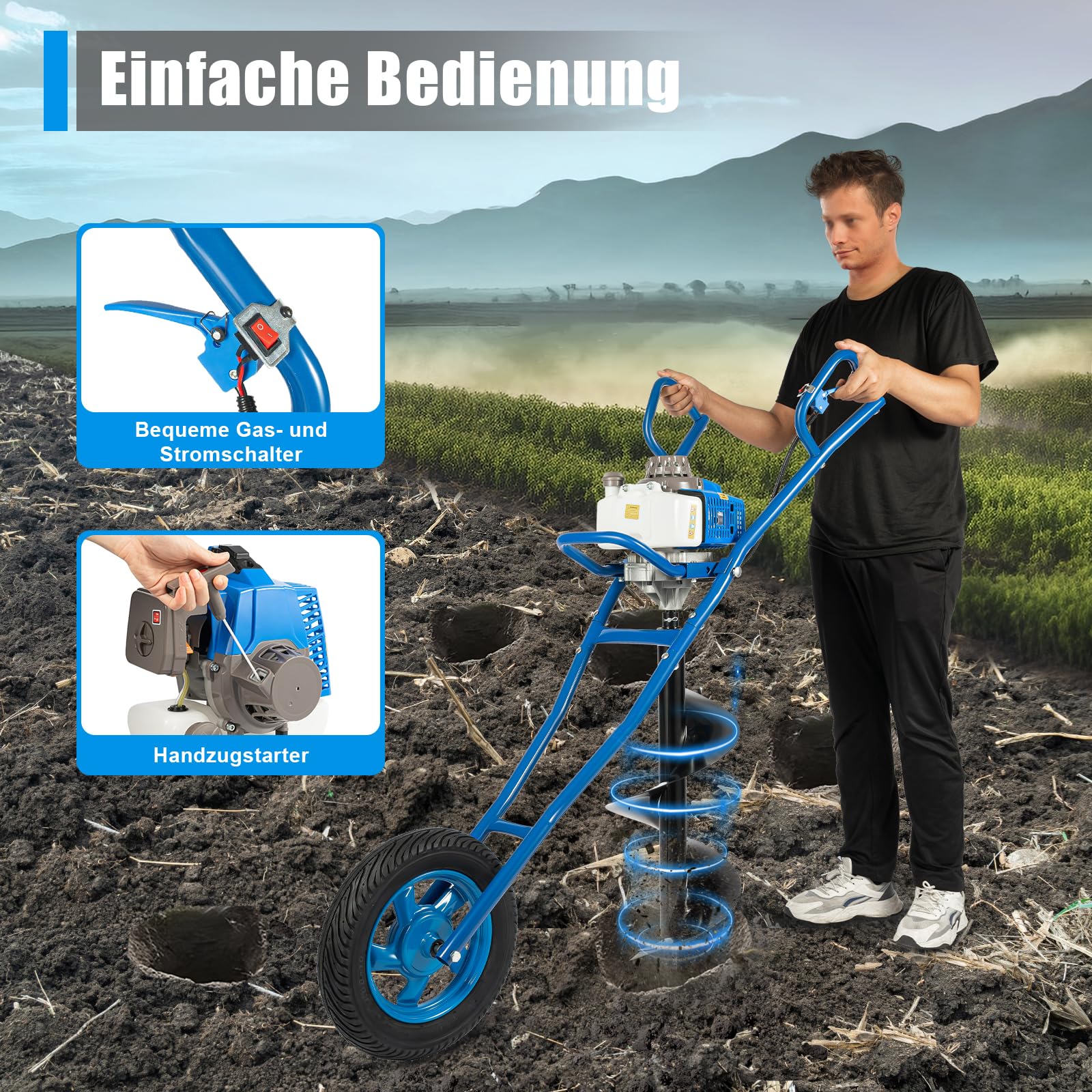 63CC 2,2 kW - Broca de tierra a gas de 2 tiempos con puntas y ruedas de 300 mm – Taladro de tierra deslizante manual para construcción, huerto y jardín profesional