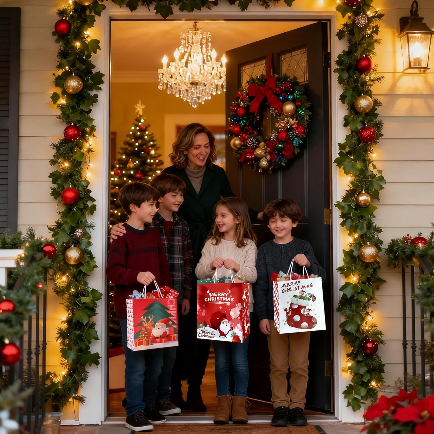 24 Pack Christmas Gift Bags Bulk Hallmark Festive Design with Handles, Assorted Gift Bag Different Sizes Sets for Gifts, Durable Kraft Paper Bags for Holiday Presents(8 Large,8 Medium,8 Small)