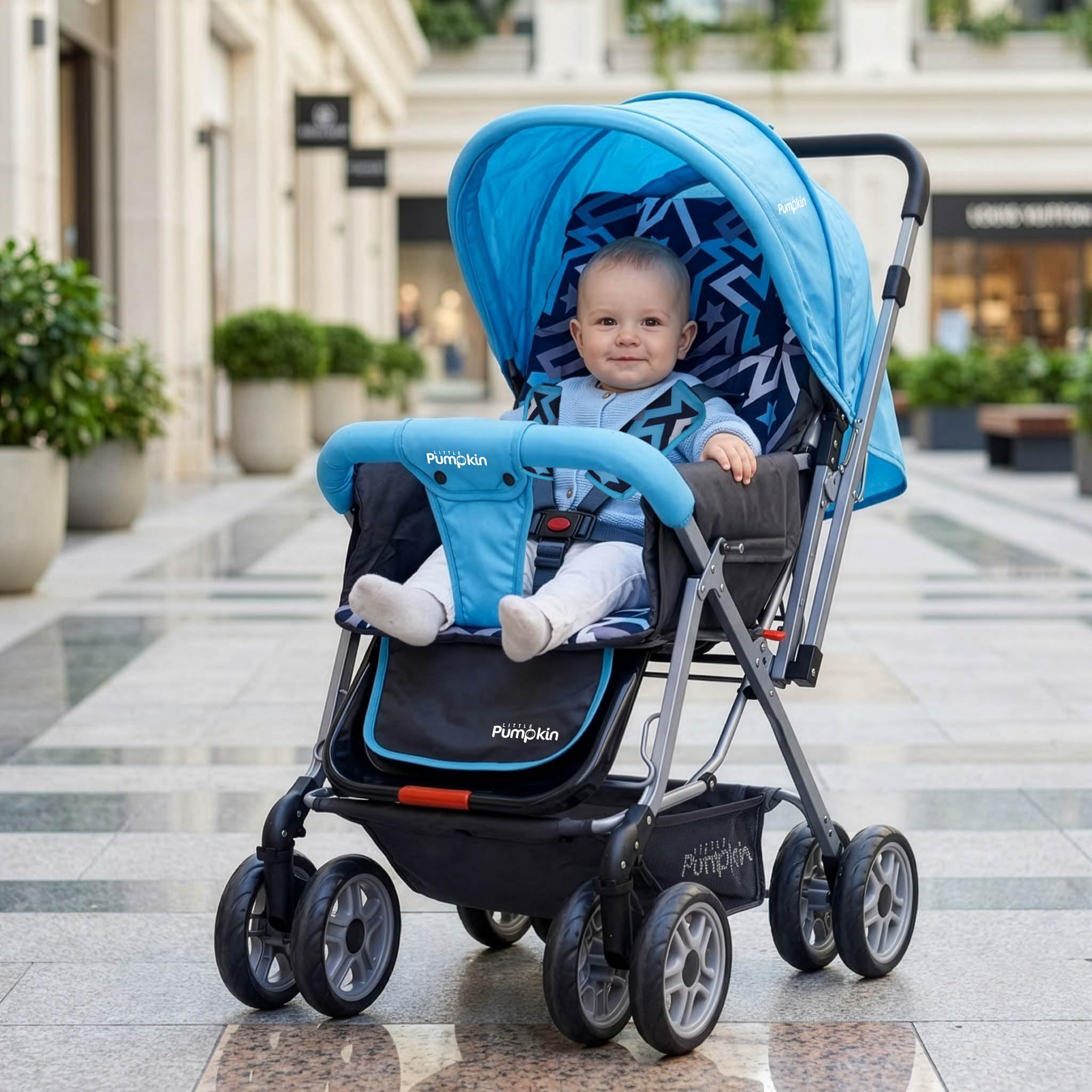 Little Pumpkin by R for Rabbit Kiddie Kingdom Baby Stroller Pram with 3 Position Recline, Adjustable Backrest, 360° Swivel Wheel, Storage Basket, Reversible Handle for Kids 0 to 3 Years (Blue Black)