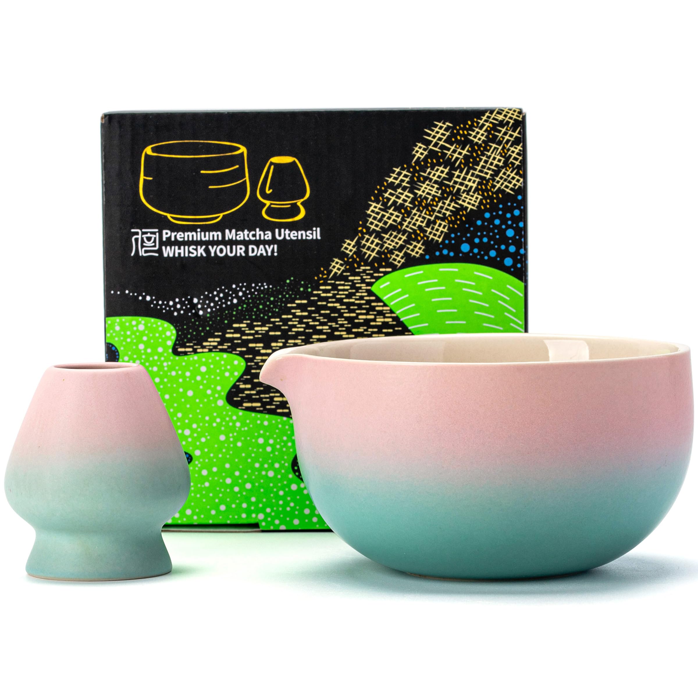 TEANAGOO Japanische Matcha-Schale K11 mit Schneebesenhalter,510ml Keramik-Chawan mit sanftem Rosa-Grün Farbverlauf