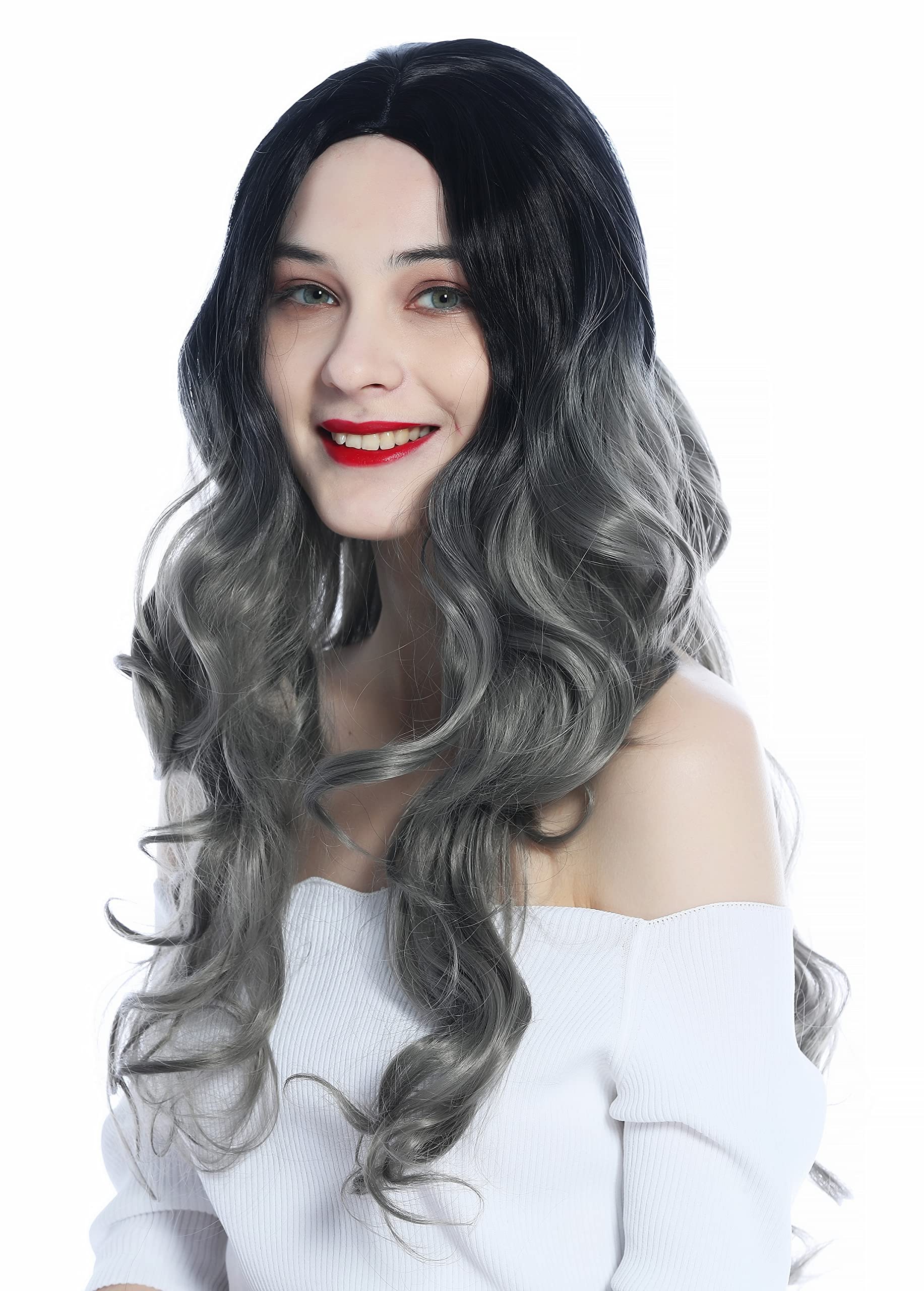 WIG ME UP - ZM-1029-GRYR1B Ladies' Wig very long slightly curled middle-parting ombre black to grey, ombre black grey (GRYR1B)