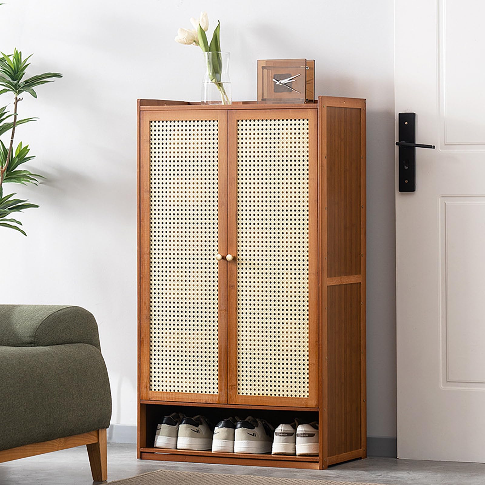 LMYSXAOZ 8-Tier Bamboo Shoe Cabinet with Doors - Freestanding Wooden Rack for Entryway, Hallway, Living Room & Closet Stylish Rattan Organizer in Brown Color