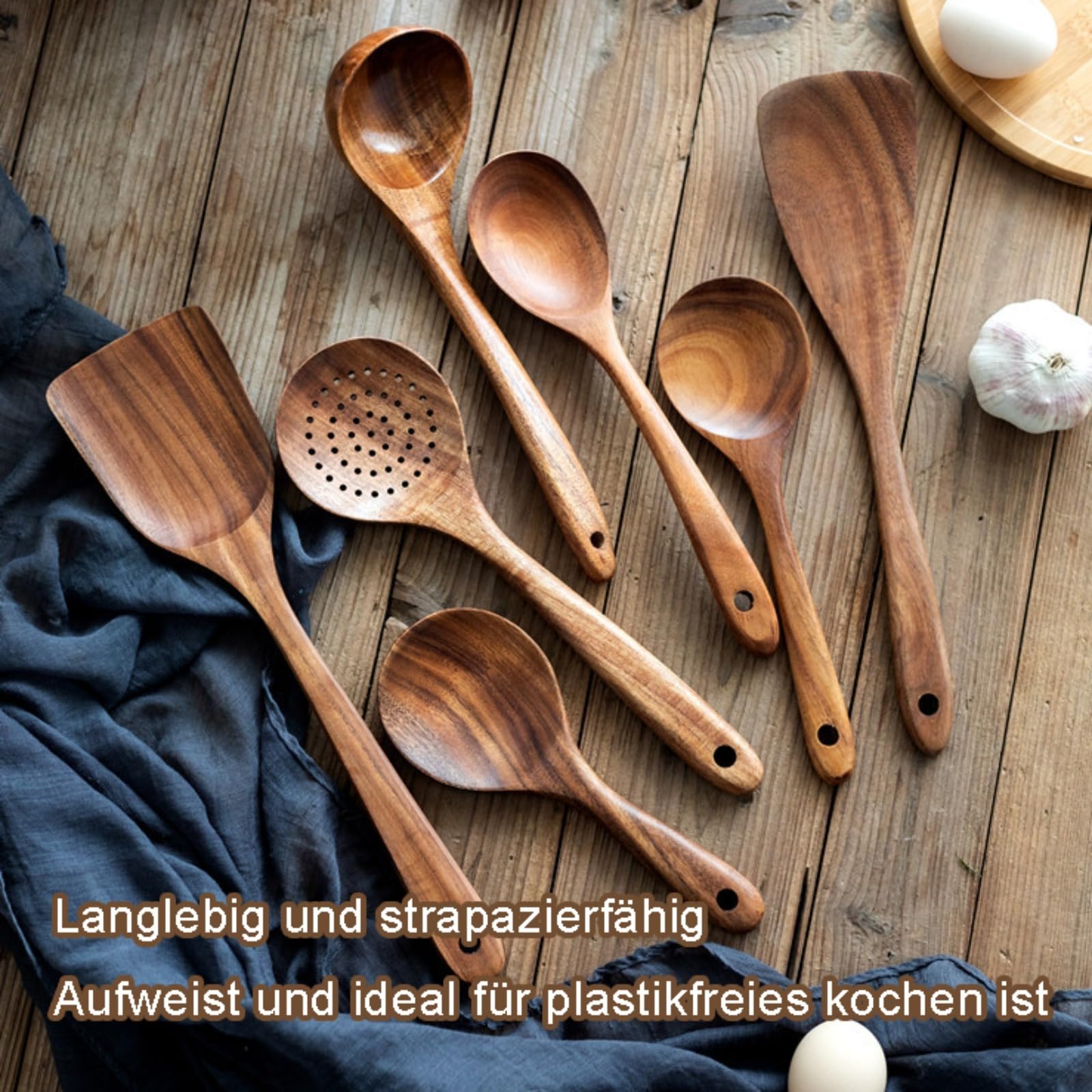 Holz Kochbesteck Set, Küchenhelfer Set aus Teakholz, 8 teiliges Premium Kochlöffel Set, Holzspatel zum Kochen, Rühren und Braten für die Küche