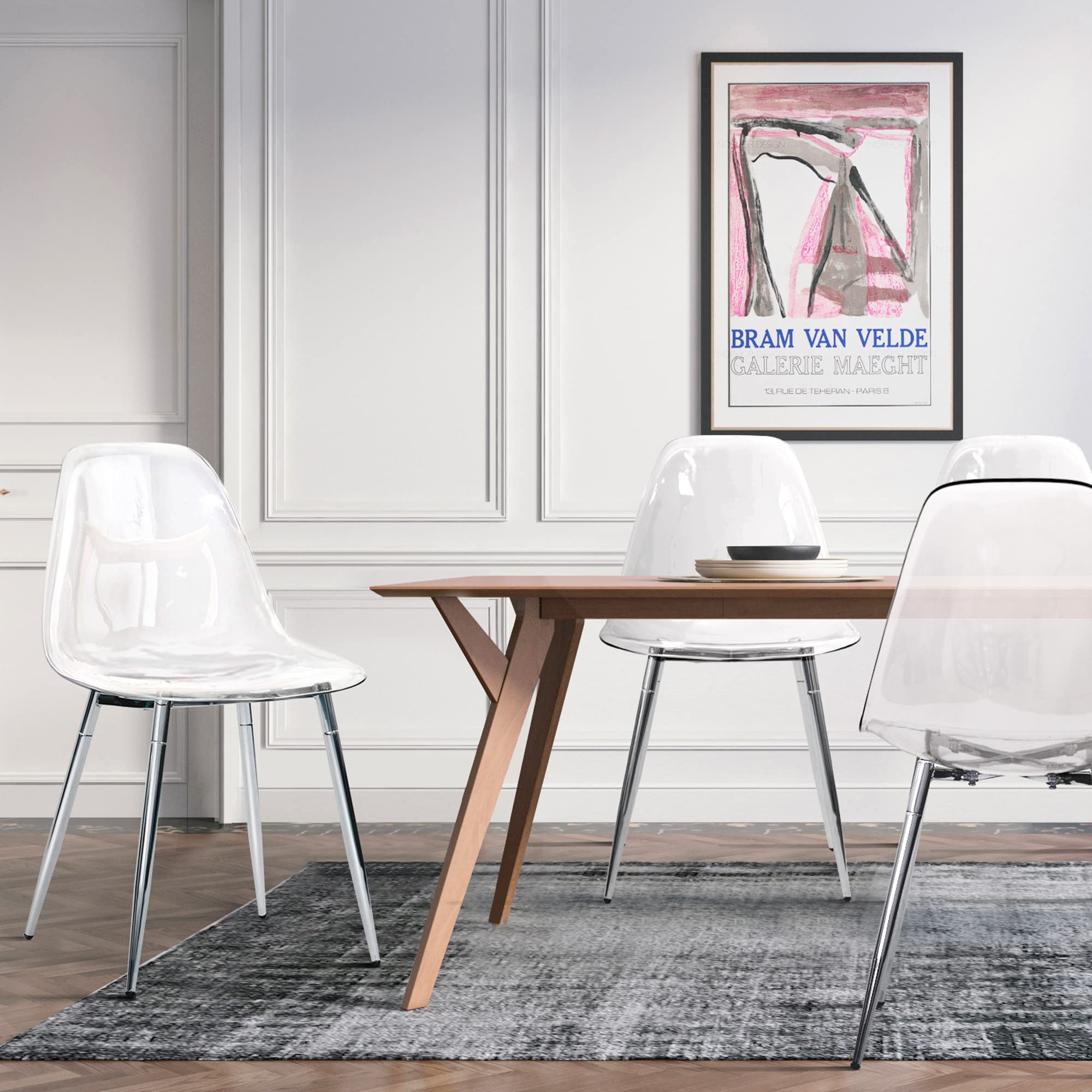 CangLong Acrylic Ghost Crystal Seat, Modern Plastic Shell Accent Side Chairs Legs for Kitchen, Dining, Living, Guest, Bed Room, Set of 4, Transparent + Silver