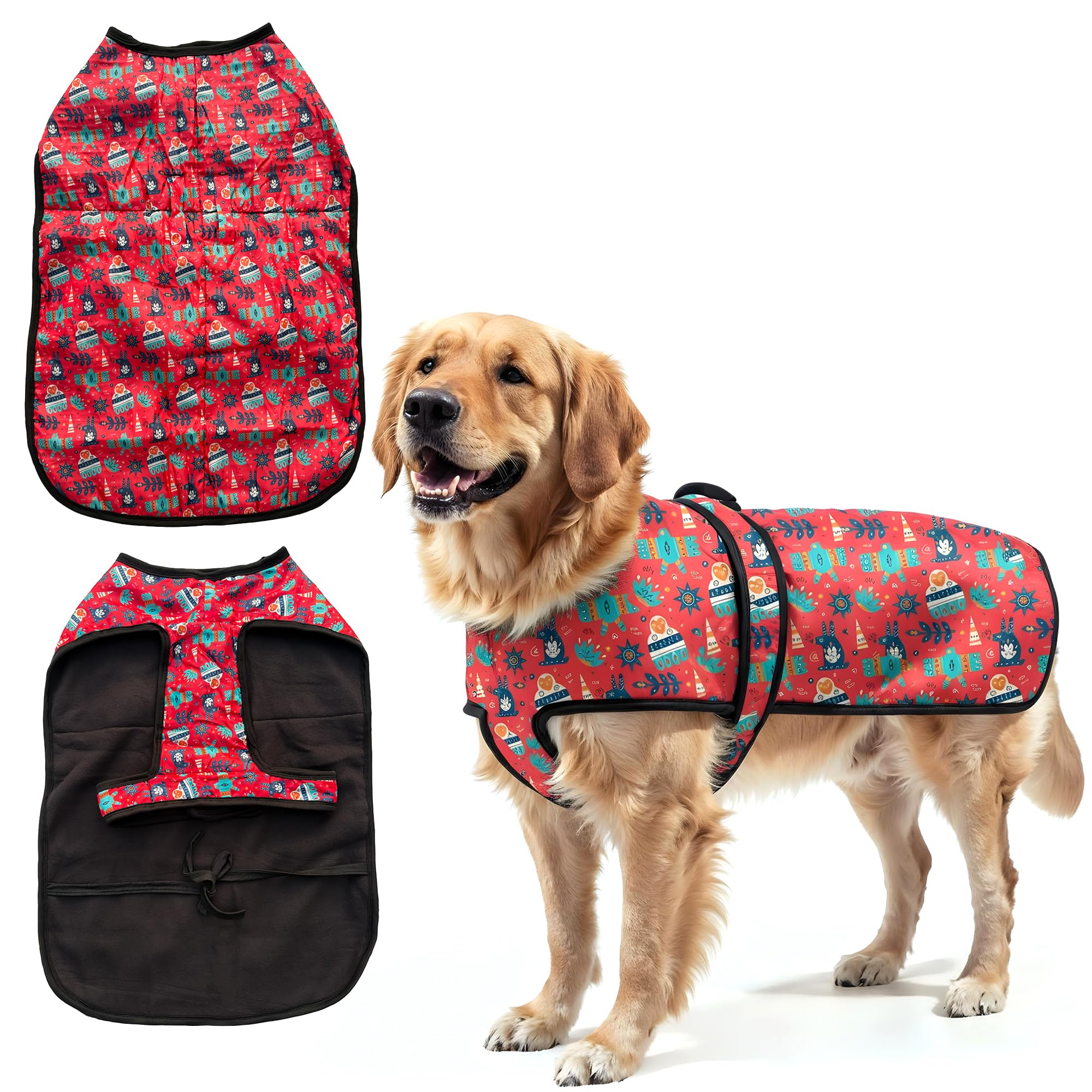 JoyDaog Winter Cozy Jacket (4XL) 30 Inch – Extra Large Dog Winter Coat, Coral Holiday Print, Warm Fabric with Adjustable Strap