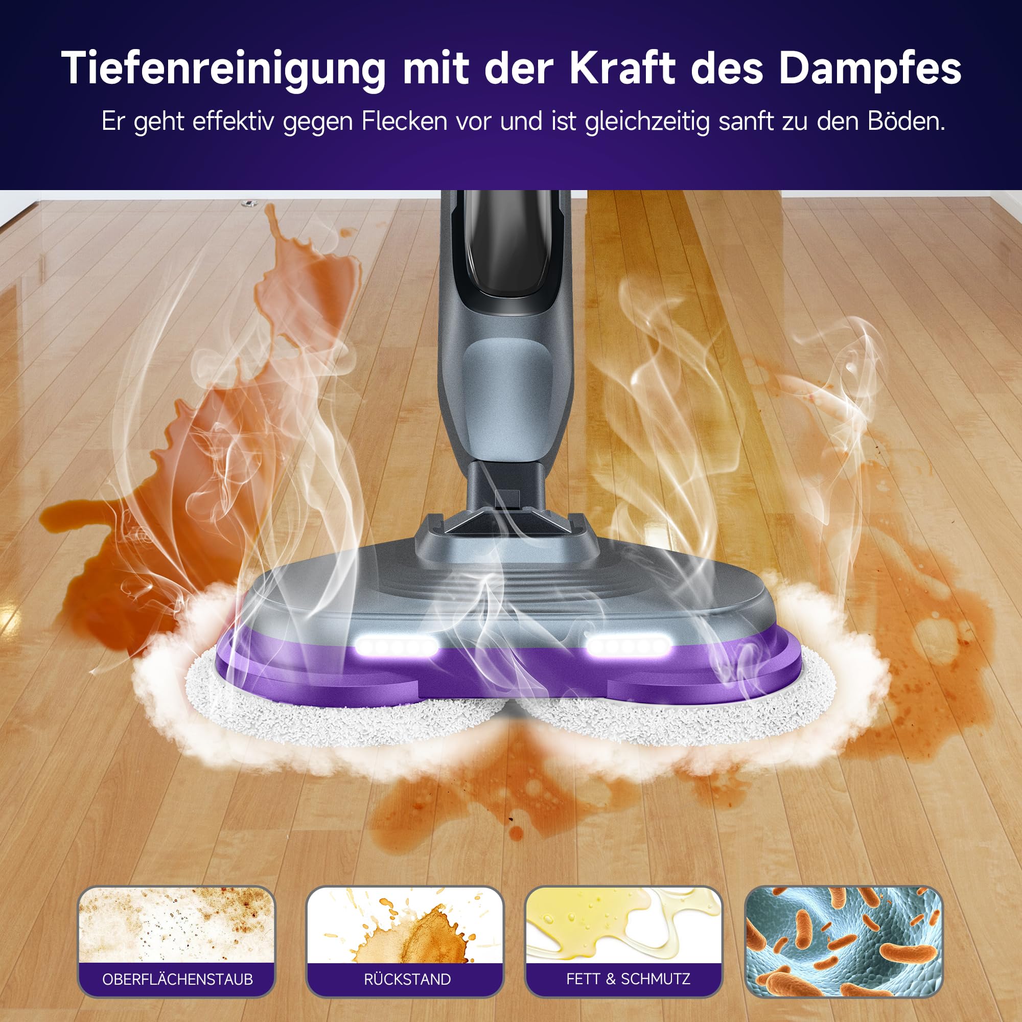 AlfaBot F2 Dampfreiniger – Dampfbesen mit 99,9%iger Desinfektion von Keimen und Bakterien, Dampf in 20s bereit, 450 ml, für alle Arten von Hartböden, ohne Verwendung von Reinigungsmitteln