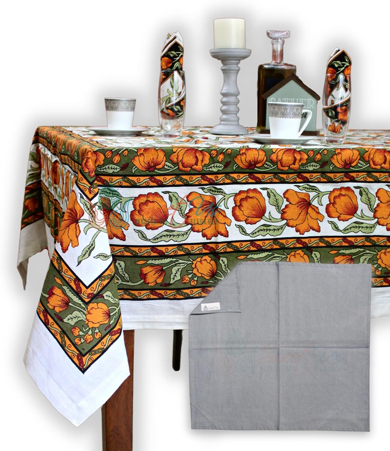 Sweet Us Affluent French Floral Cotton Tablecloth Rectangle and One Plain Napkin, Floral Kitchen Dining Table Cloth, Table Cover for Indoor and Outdoors, Midsummer Night, 60x90 in