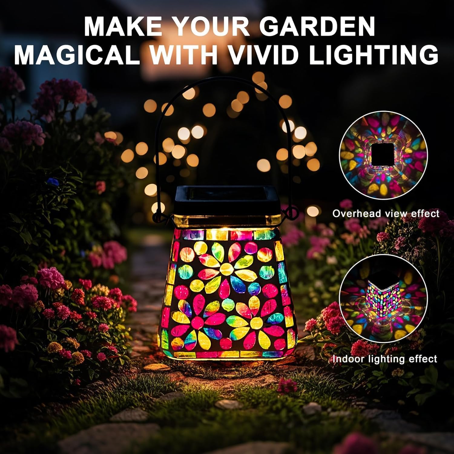 VOREEN Mosaic Glass Solar Lantern & Table Lamp, 600mAh Solar Powered Outdoor Light, Dual Modes Warm White & RGB, Waterproof IP44 Garden Patio Yard Decor, Handmade Gift for Women Mom Friends