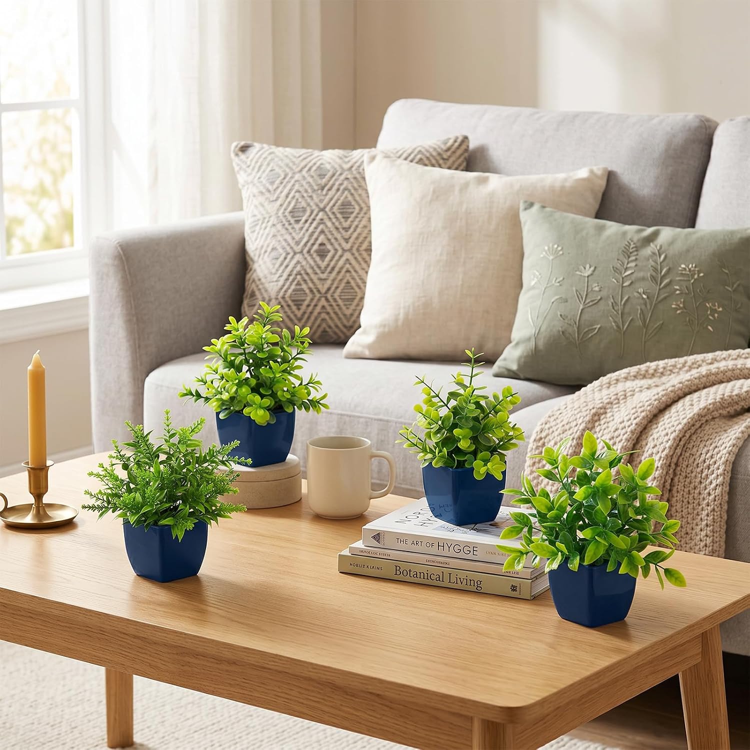 4 Pack Small Fake Plants Mini Artificial Plants in Navy Blue Pots Faux Potted Greenery Indoor for Home Office Table Desk Bathroom Shelf Counter Styling Farmhouse Decor image 4