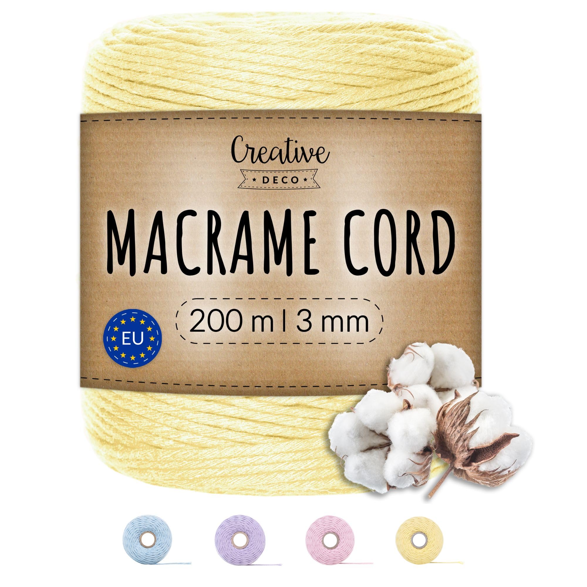 Creative Deco Pastel Yellow 656 Feet Macrame Cord | 200M | 3Mm Thickness | 30 Ply | Cotton-Polyester Rope String Yarn Twine Elastic Cord | For Easter Arts And Crafts Diy Gift Wrapping | Thick Strong