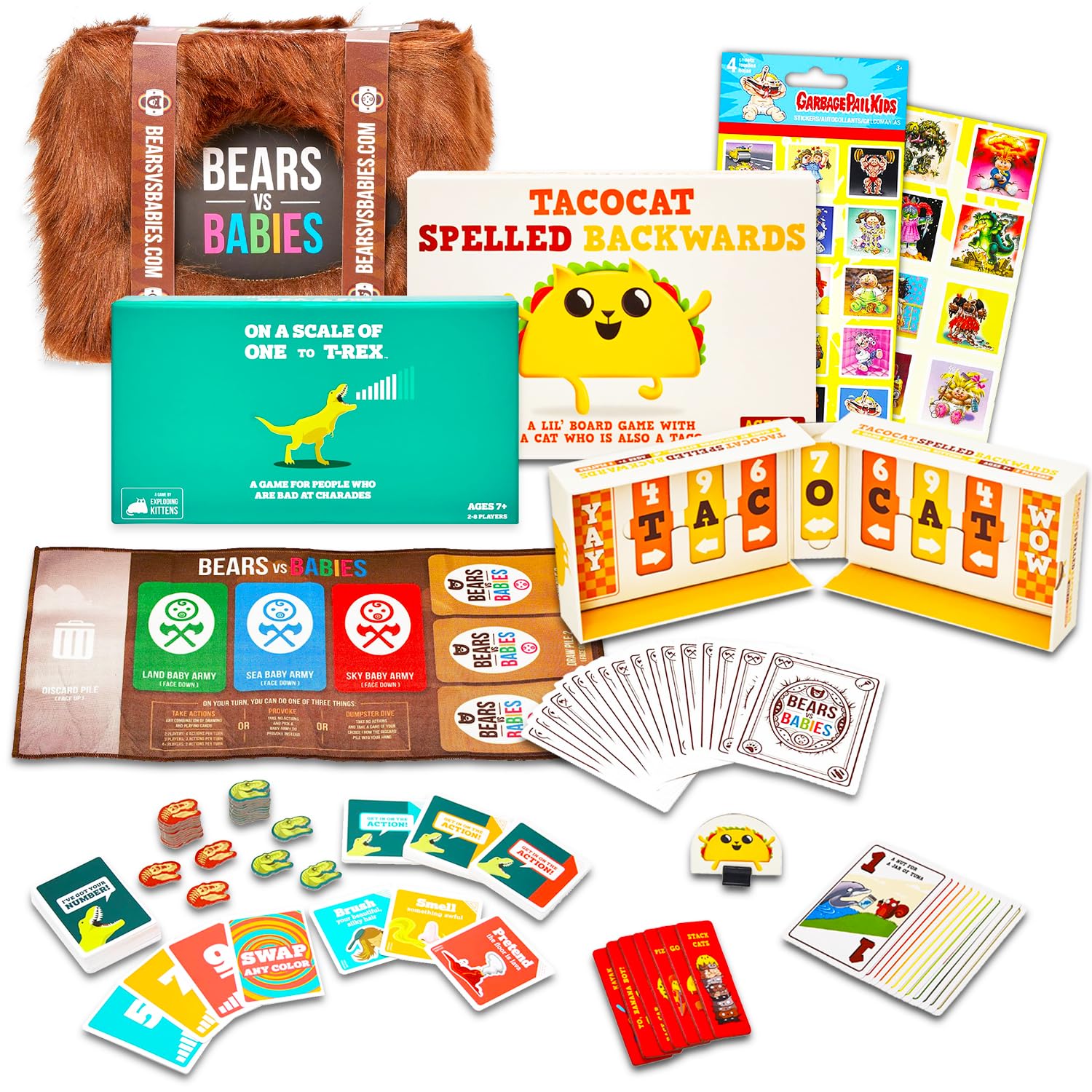 Family Game Night Games - Family Friendly Party Games Bundle Includes Bears vs Babies, Tacocat Spelled Backwards, and On a Scale of One to T-Rex Plus Stickers | Party Board Games for Kids