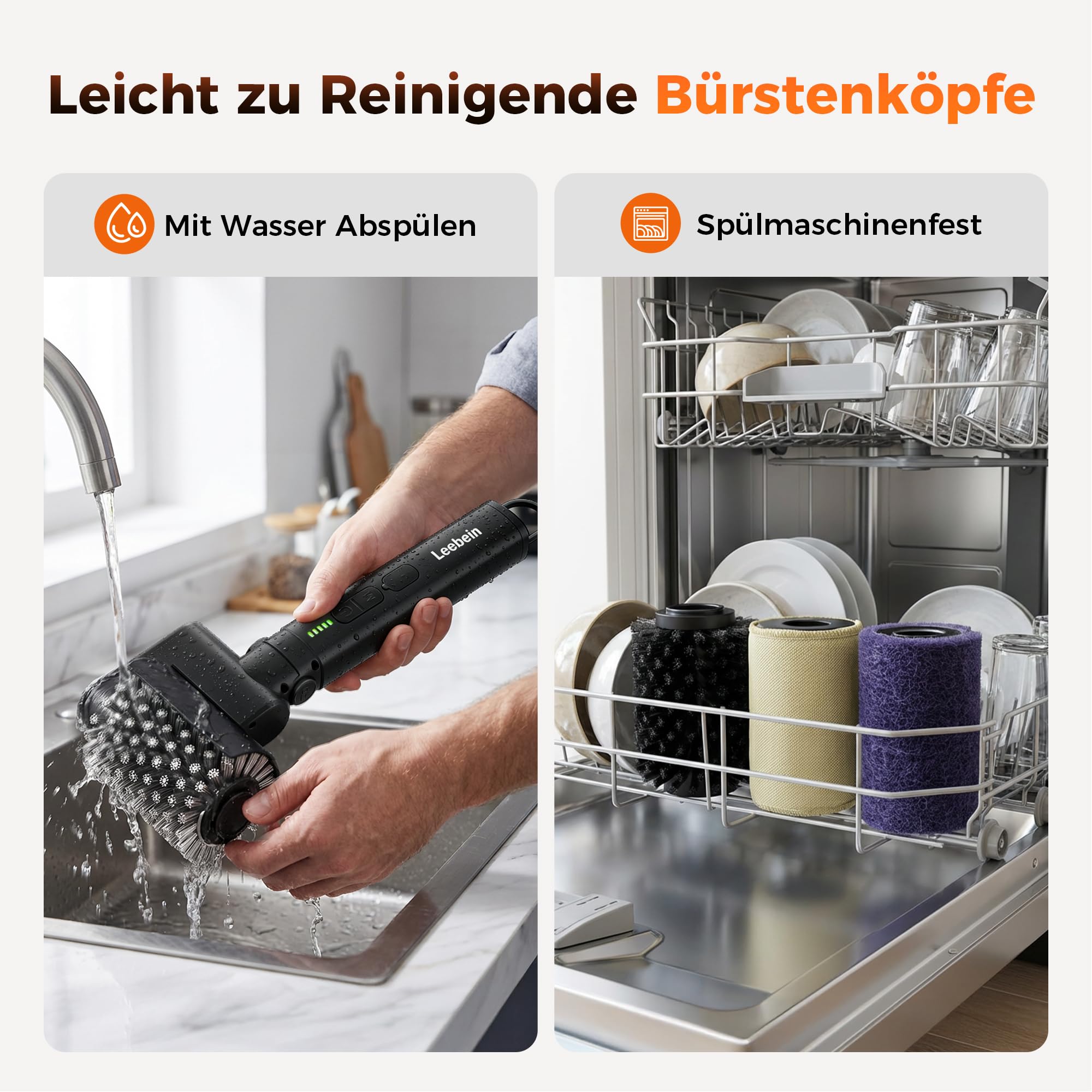 Leebein Elektrische Grillbürste für BBQ, 2026 Elektrische Reinigungsbürste 3-Gang & Verstellbare Winkel mit 3 Austauschbaren Köpfen, 150 Min Laufzeit, Wasserdicht und Hitzebeständig für Grillroste