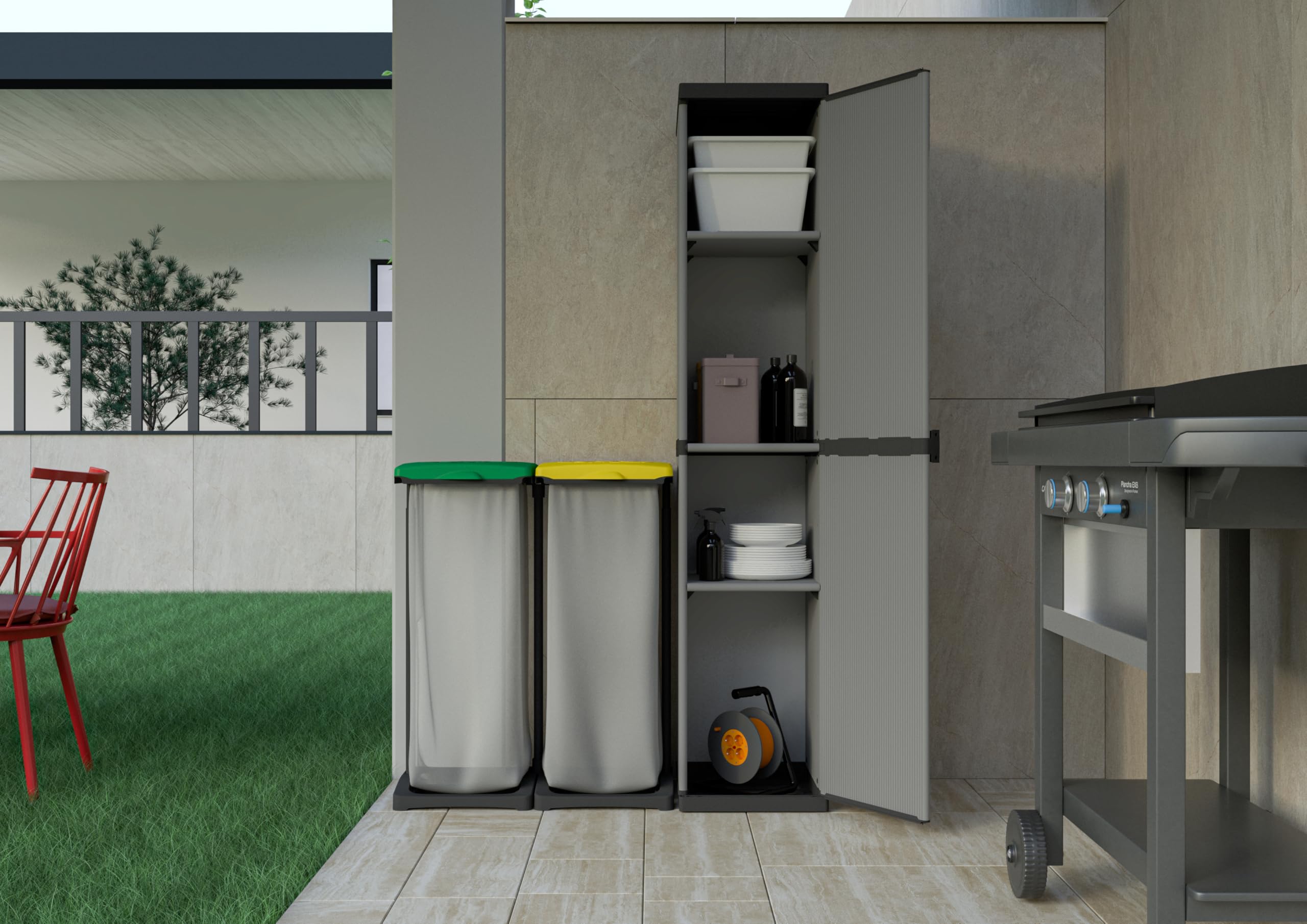Adventa Armoire résine PVC PP 1 porte 3 étagères modulaire 34x40x165 cm Gris