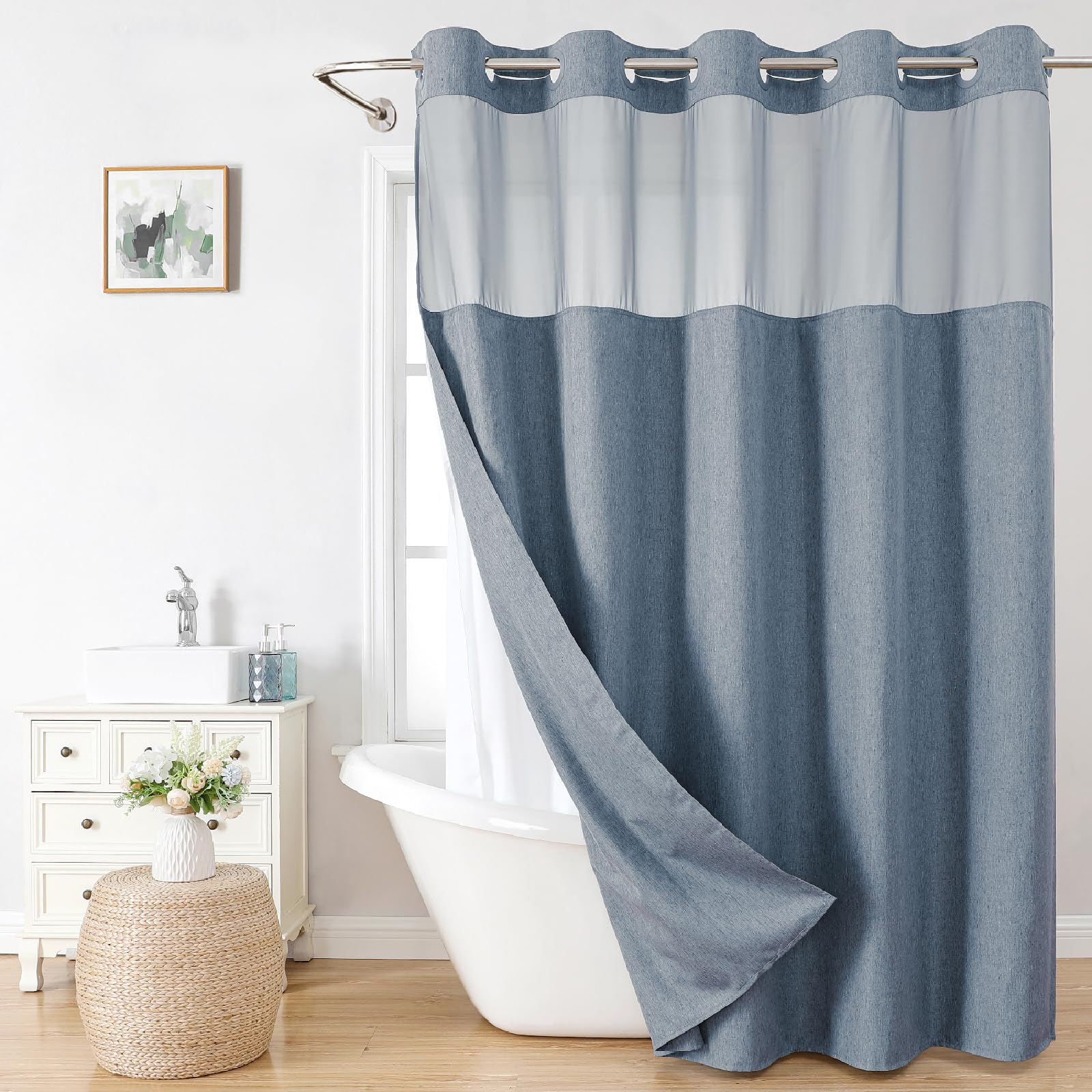 eachope Long No Hooks Needed Linen Textured Shower Curtain with Snap-in Fabric Liner Set,Blue Grey Hotel Luxury Decor Shower Curtains for Bathroom,