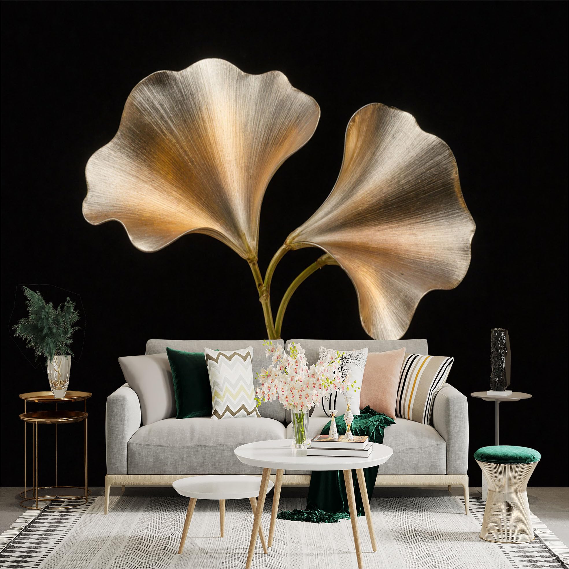 Custom Size Wall Sticker Mural， Metallic Gold Ginkgo Biloba Leaves， Modern Botanical Minimalist Art， Elegant Black Background， for wall Decoration， peelandstick wall Decals.