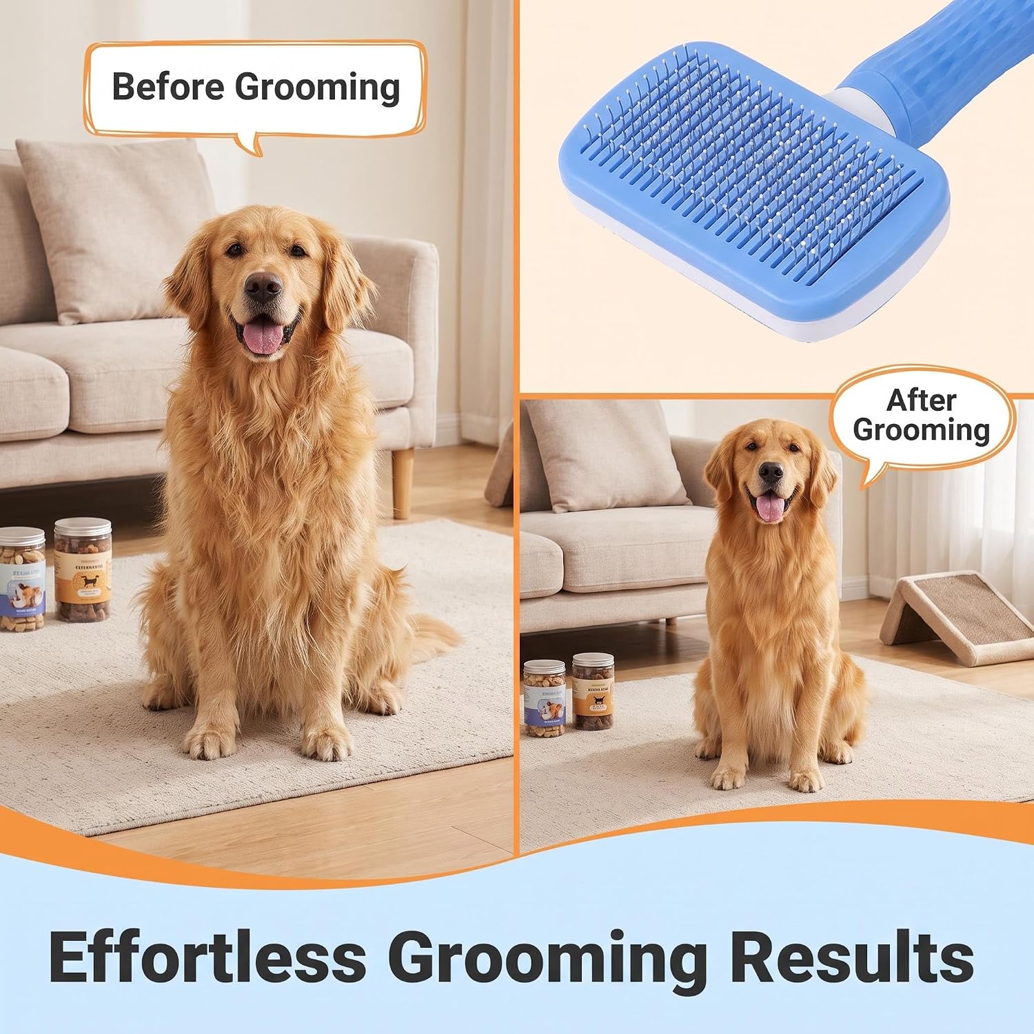 Self Cleaning Slicker Brush for Dogs and Cats – Gentle Deshedding Brush with Rounded Plastic Tips, One-Touch Hair Removal Grooming Tool for Short Medium Long Hair(gray)