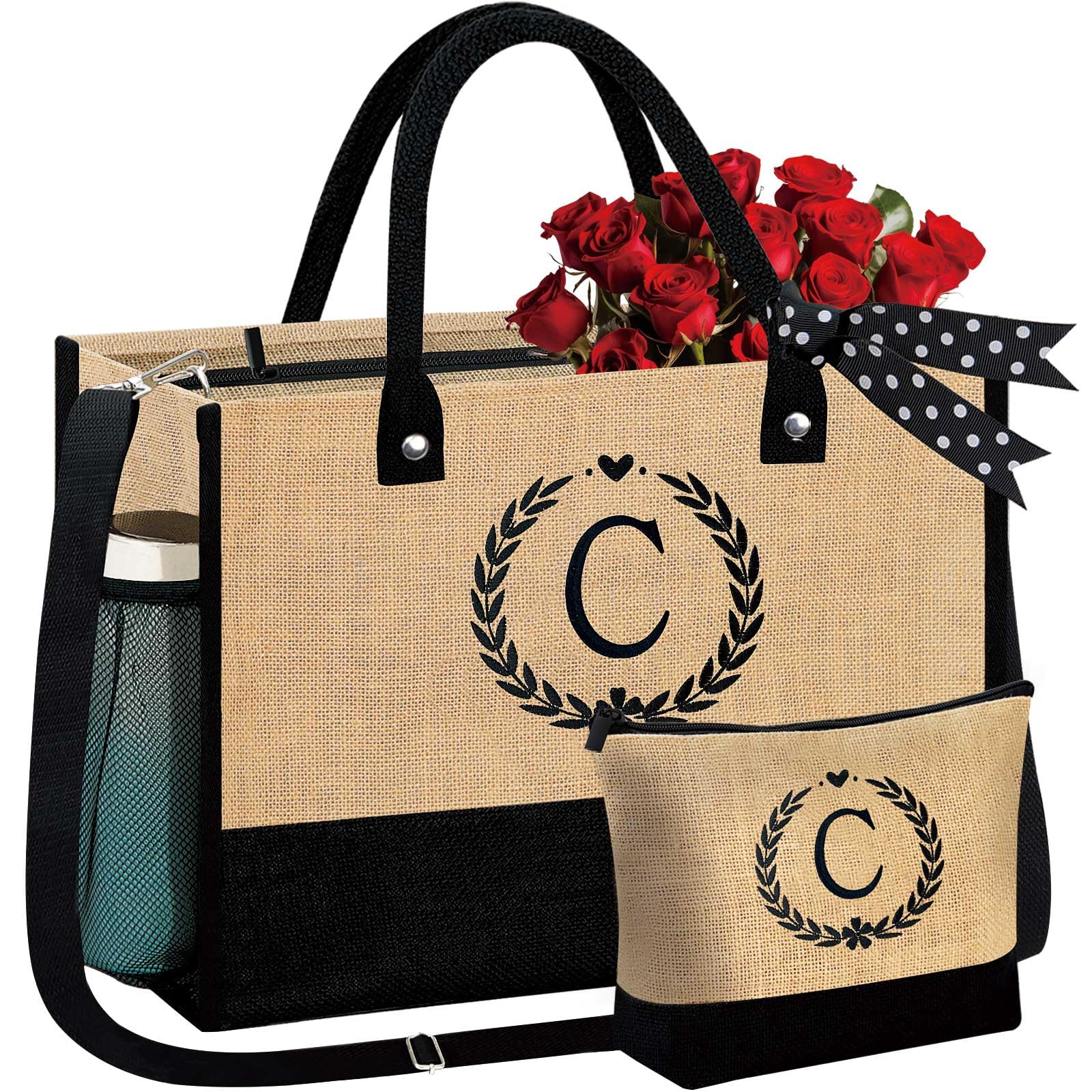 GhvyenntteS Gifts for Women - Initial Jute Tote Bag & Makeup Bag, Valentines Day Gifts for Her Teacher Mom Wife Friend Birthday