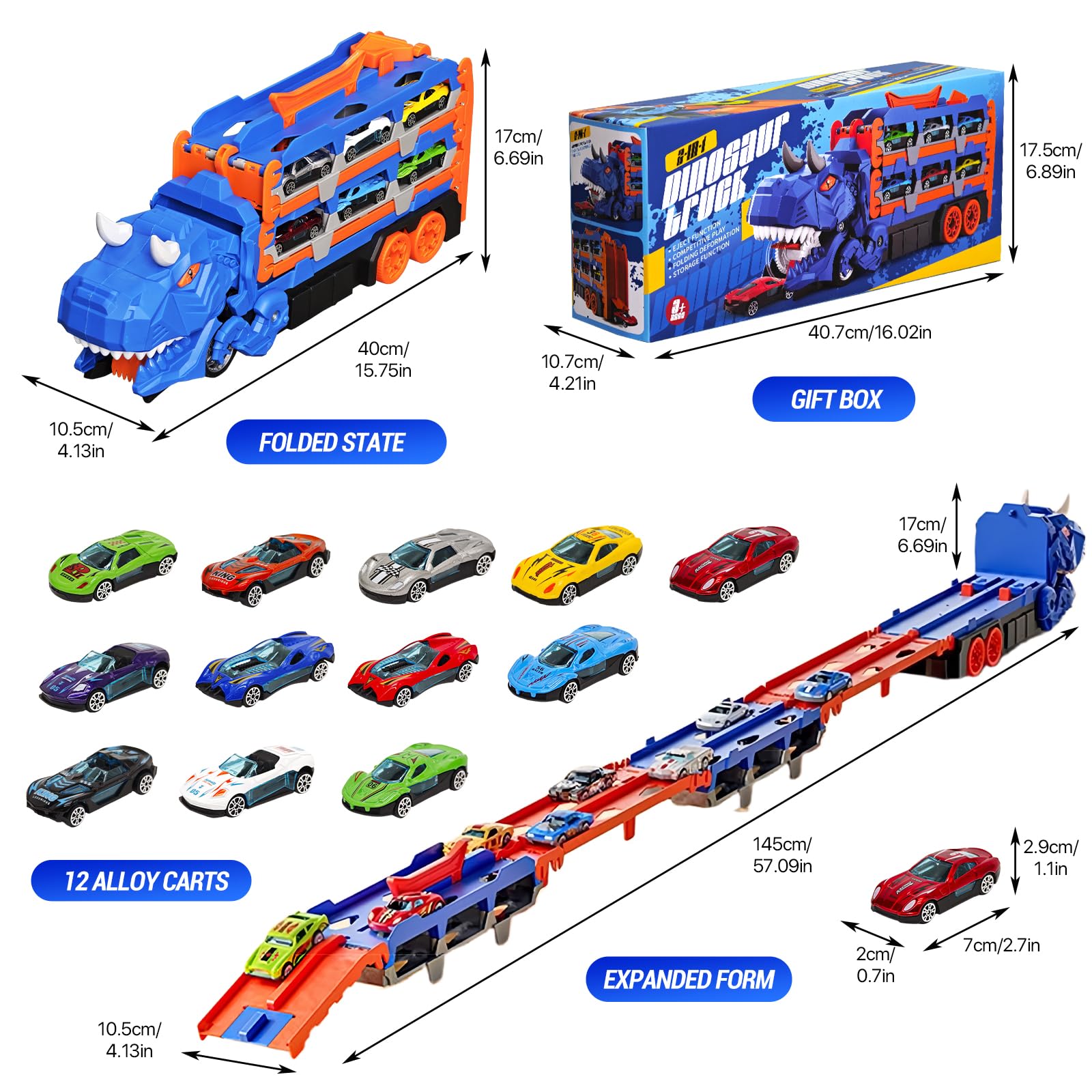 Sternstunde Pista de Carreras con Camión de Transporte, 12 Mini Coches, Juguete Portátil para Niños 3-5 Años (Azul)