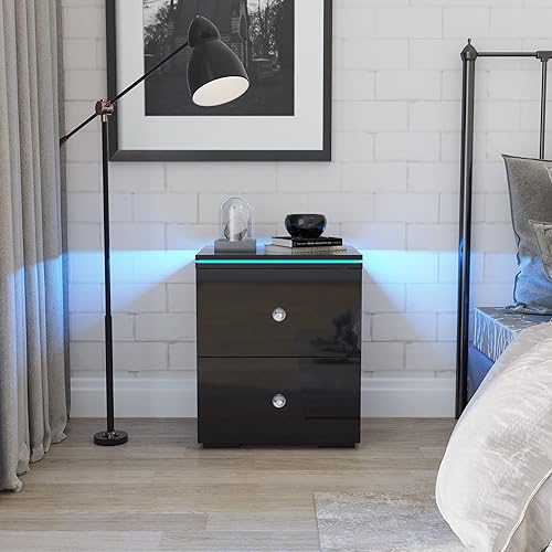 BAMACAR Mesita de noche LED de alto brillo con cajón, mesa auxiliar de dormitorio, mesita de noche pequeña para dormitorio, sala de estar, mesa