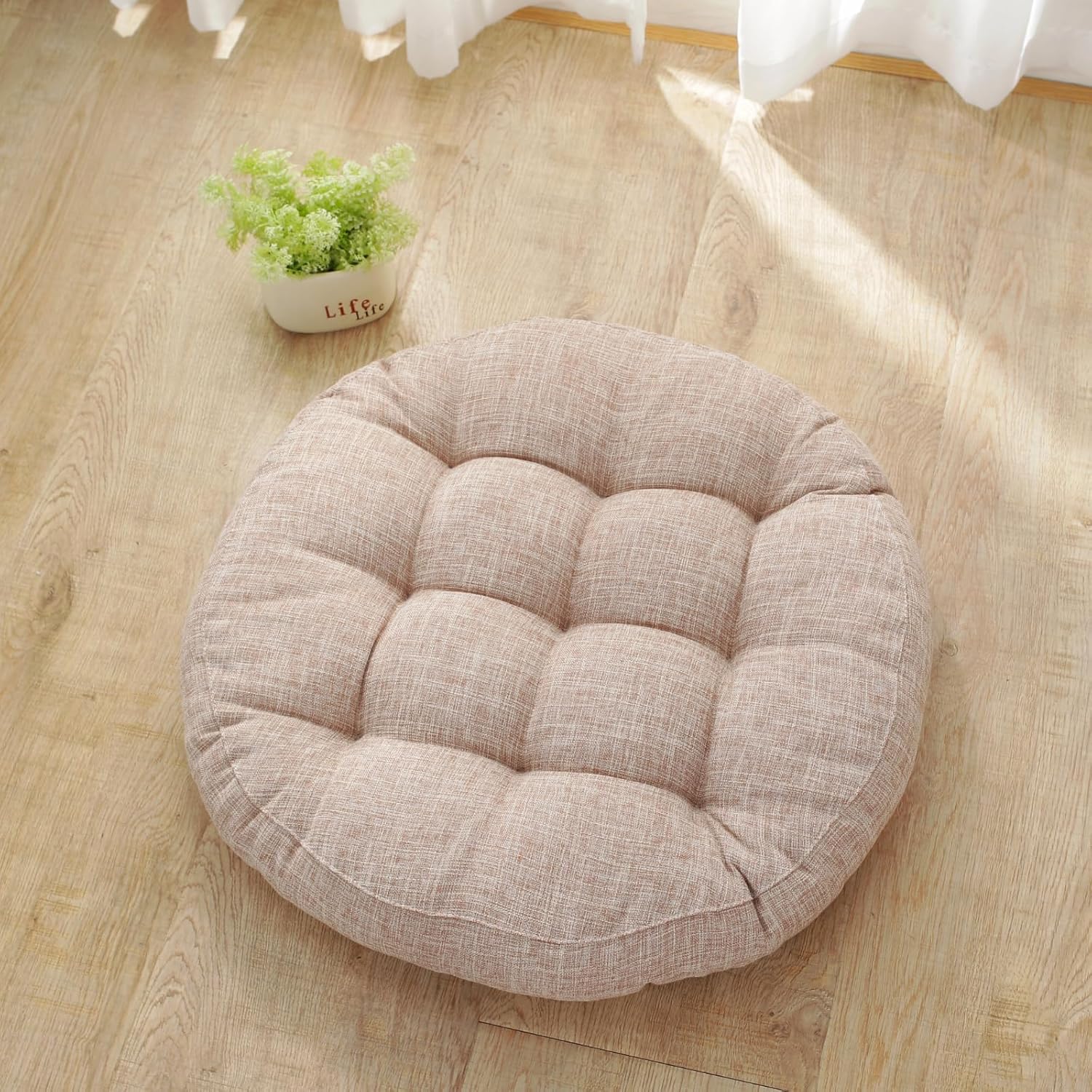 Round Cotton Linen Chair Cushion 21"x21"x4.7" Tufted Soft Comfort Chair Pads Solid Color Seat Cushions for Indoor Dining Room Kitchen and Office Chairs Patio (Khaki,21"x21")