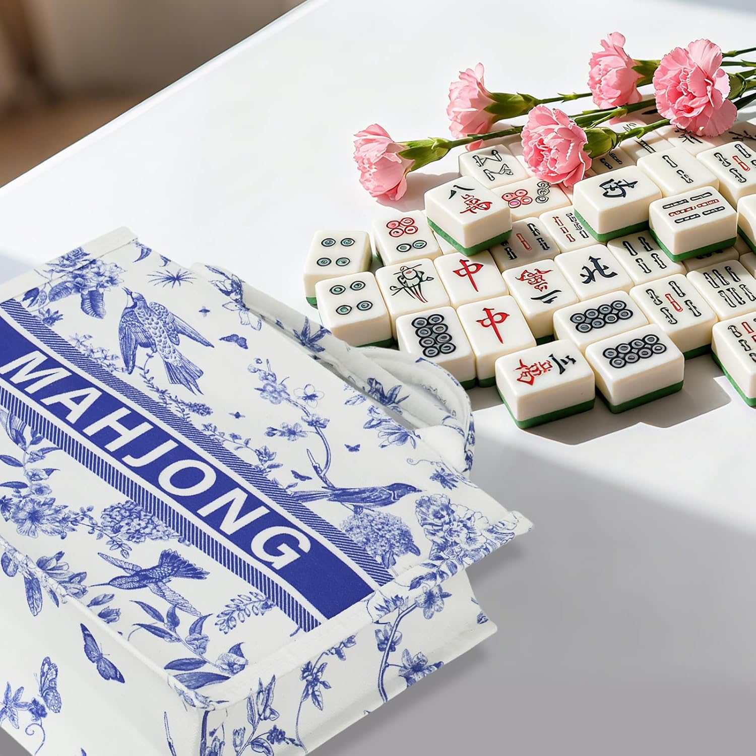 Blue mahjong bags for tiles，American Mahjong Tiles Bag- Durable mahjong carrying bag with zipper for accessories and mahjong tile storage(Only Case)