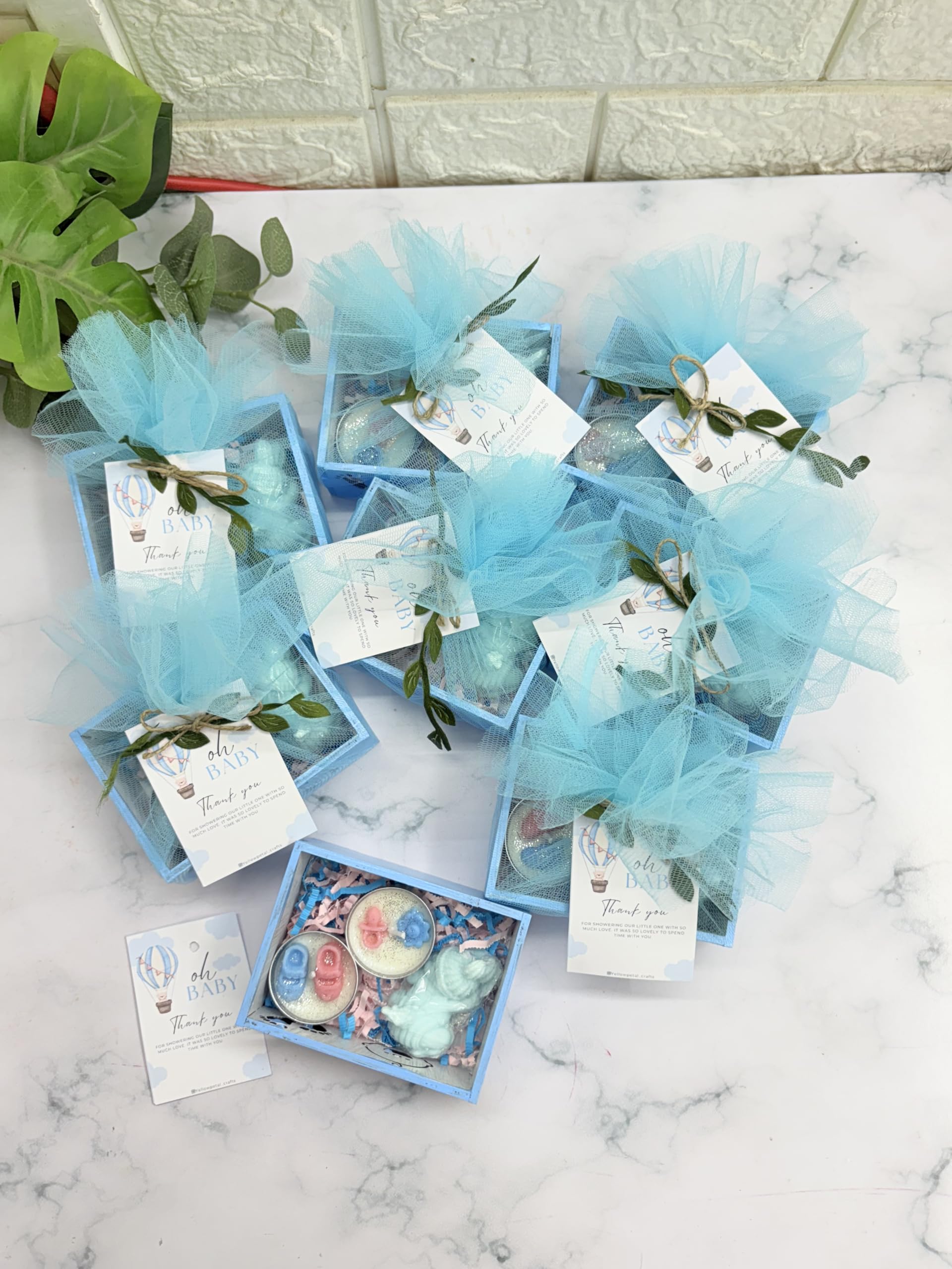 Baby Shower & Birthday Return Gift- Mini MDF Tray Soap and Candle Combo, Net & Card Packing, Blue Colour, 100% Soy Scented Candles and Handmade Soap (8 Set)-image-13