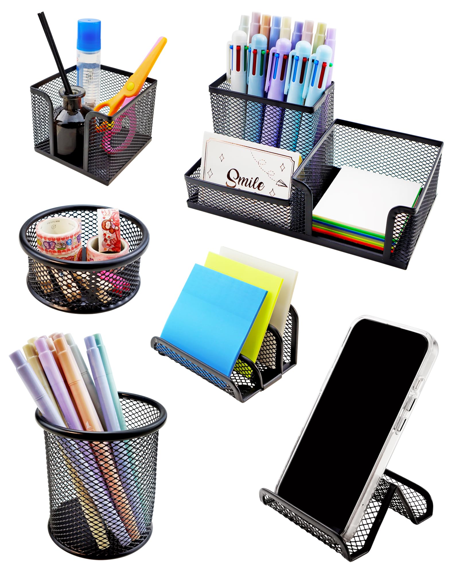 GAUENEEN Desk Organizer Set, 6 Piece Mesh Office Accessories, Pen Holder, Phone Stand, Clip Holder, Desktop Storage Set, Black