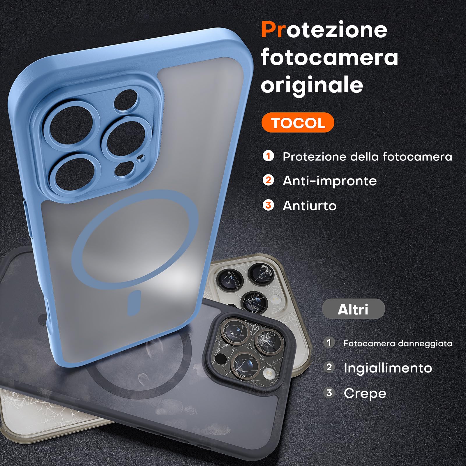 TOCOL Cover Magnetica per iPhone 16 Pro Max 6,9 Pollic, Compatibile con MagSafe, Protezione Fotocamera Integrata, Custodia Antiurto Traslucida Opaca, Blu Chiaro