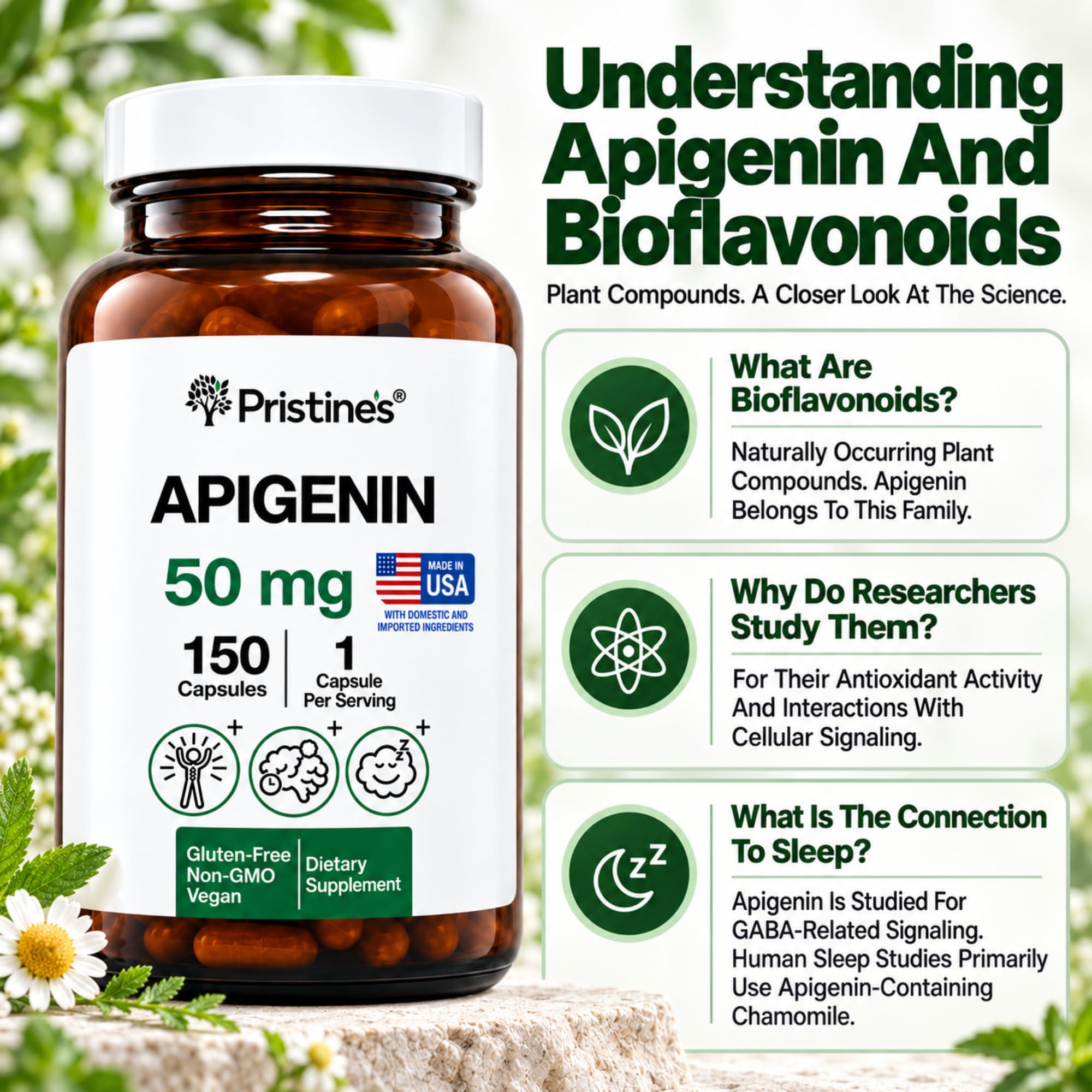 PRISTINE'S Apigenin 50mg Capsules, Apigenin Supplement for Sleep Support — Amazon image 3