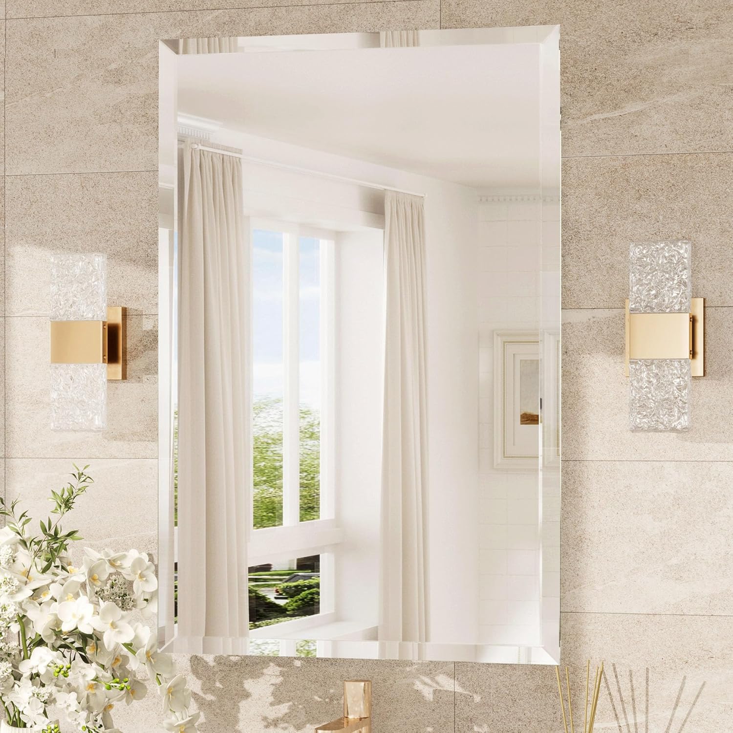 TokeShimi 24x36 Beveled Wall Mirror Decorative, Bathroom Vanity Mirrored with 1" Beveled Edge, Shatterproof Modern Frameless Mirror Bathroom Rectangle for Living Room, Entryway, Restroom 24"L x 36"W Rectangle Shaped