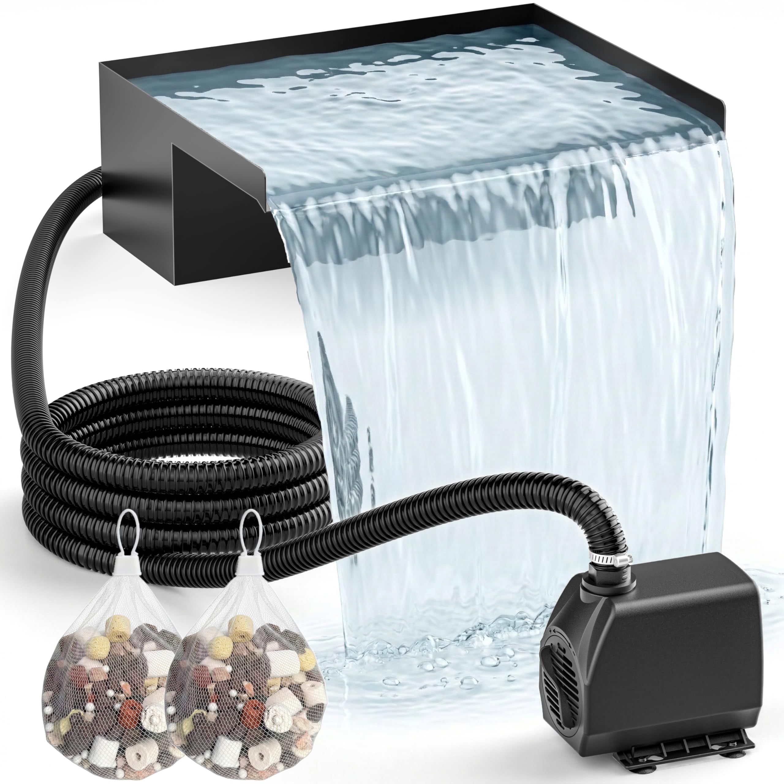 PONDIA 30cm Outdoor Pond Waterfall Kit: 304 Stainless Steel Pond Waterfall Spillway Kit with 2500L/H Pump, 3m Freeze-Proof Tubing & 5m Cord - Complete Waterfall Fountain Kit for Garden & Pool Decor