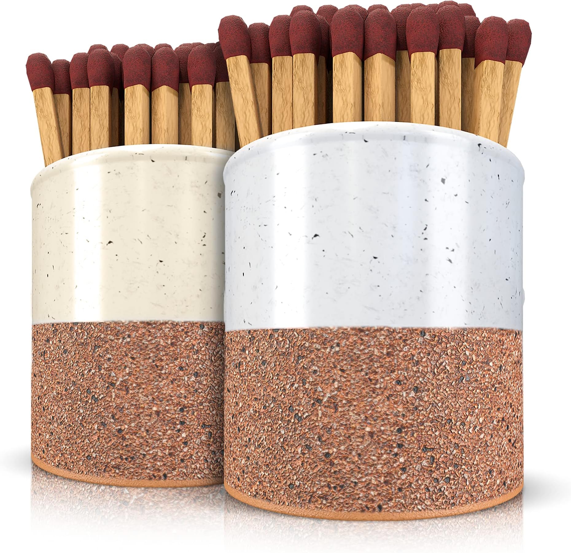 D.Home Ceramic Match Holder with Striker - Cute Jar for Both Safety Matches and Strike Anywhere Matches - Match Holder for Candles Fireplace and Bathroom Decor - Set of 2 Ceramic Jars