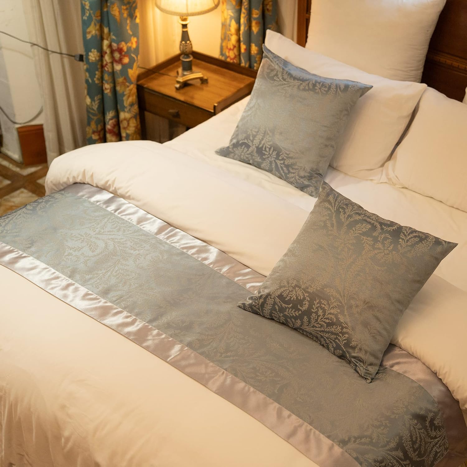 OSVINO Jacquard Bed Scarf Luxury Microfiber Bedding Protector Slipcover Smooth Comfort Bedroom Guestroom Inn Decor, Grey 210X50cm for 150cm Bed