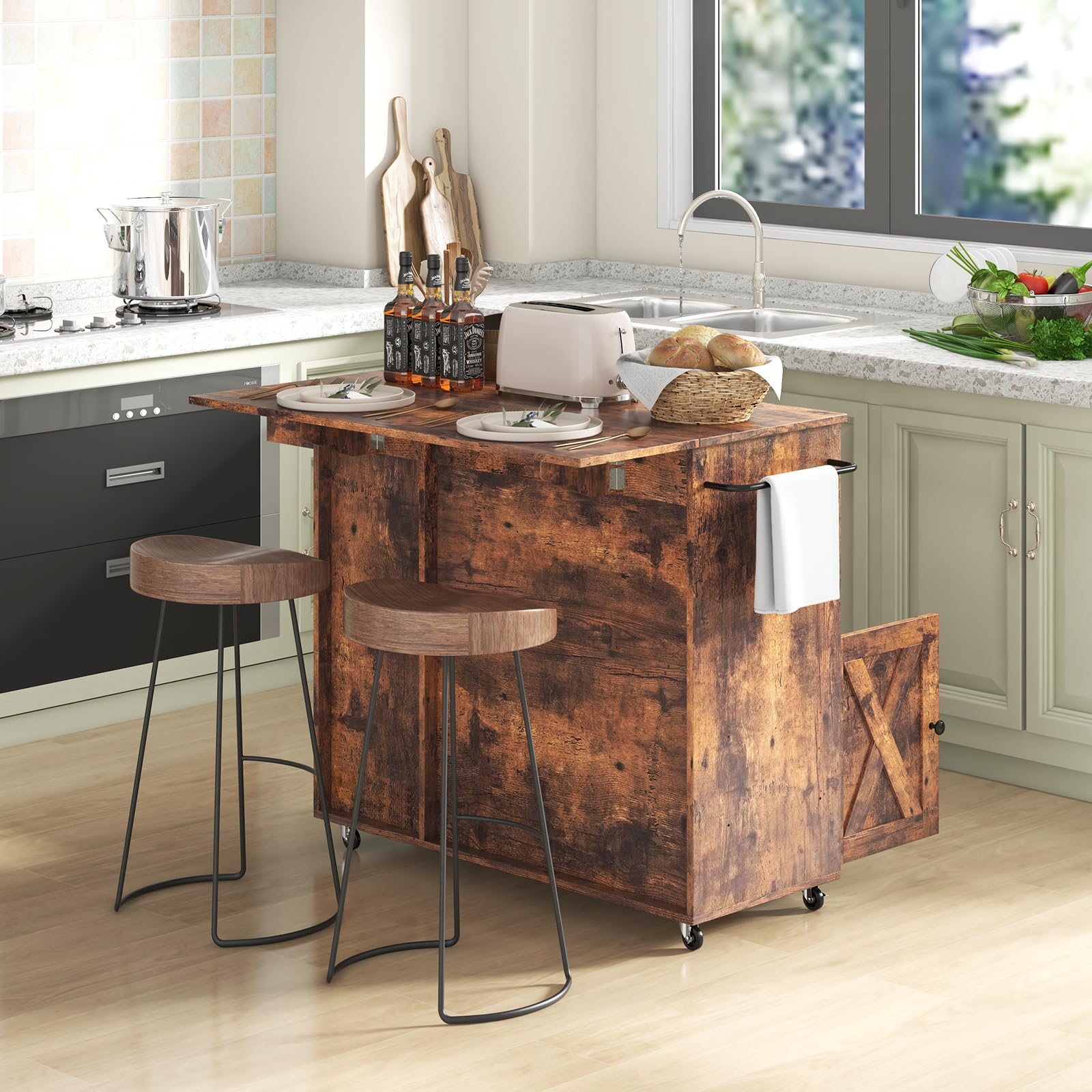KOMFOTTEU Chariot de cuisine avec îlot de cuisine polyvalent, plateau pliable, étagère à vin, porte-verre, tiroir, étagères, bois rustique marron