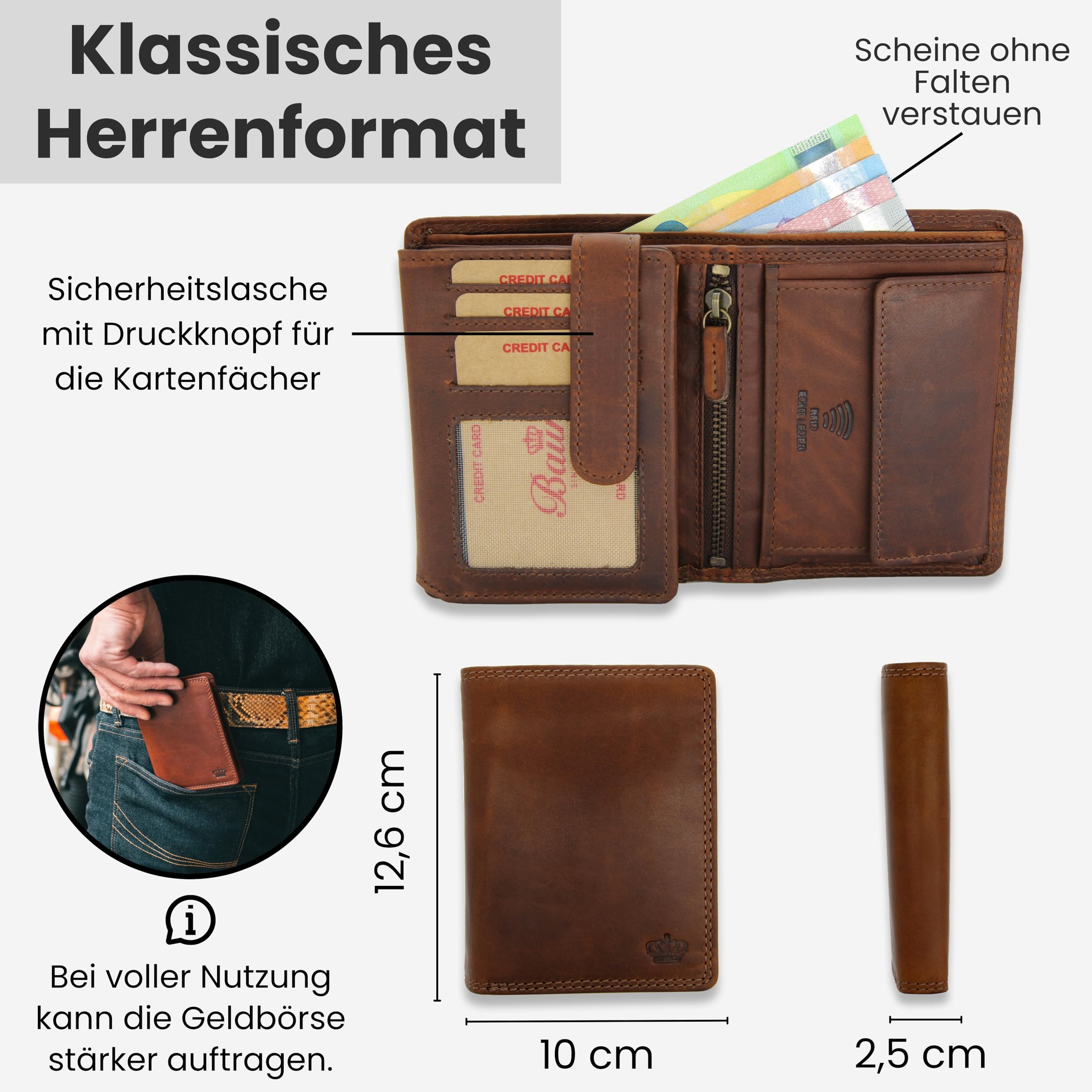 Baur Herren Geldbörse – Echtes Leder mit RFID-Schutz – Großes Vollleder-Portemonnaie im Hochformat mit 12 Kartenfächern – Großes Münzfach (Hochformat mit Druckknopf innen, Dunkel Braun)