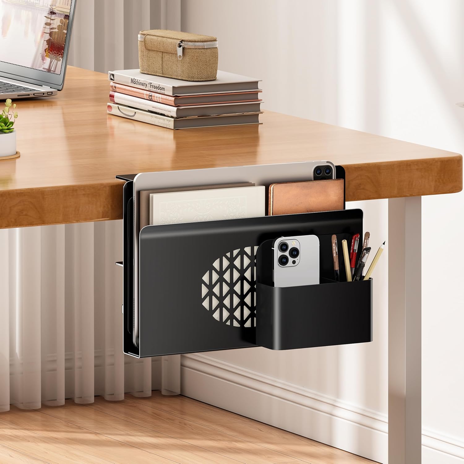 Desk Side Storage, Metal Laptop Holder with Magnetic Pen Box, Clamp-On Under Desk Organizer with Cooling Holes & Anti-Scratch Pads for Office and Home (Black) image 3 of 7 B0F6SMSBG4