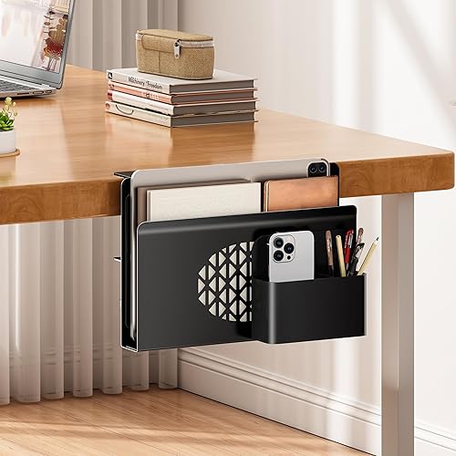 Miniatura 3 de Almacenamiento lateral de escritorio, soporte de metal para portátil con caja magnética para bolígrafos, organizador con abrazadera debajo del