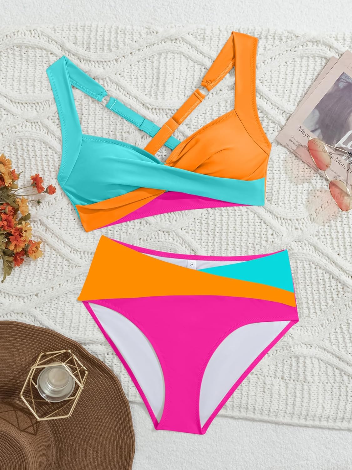 B2prity Bikini Sets for Women Two Piece Swimsuit Mid Rise Color Block Bathing Suit Tie Back Swimwear - Image 5