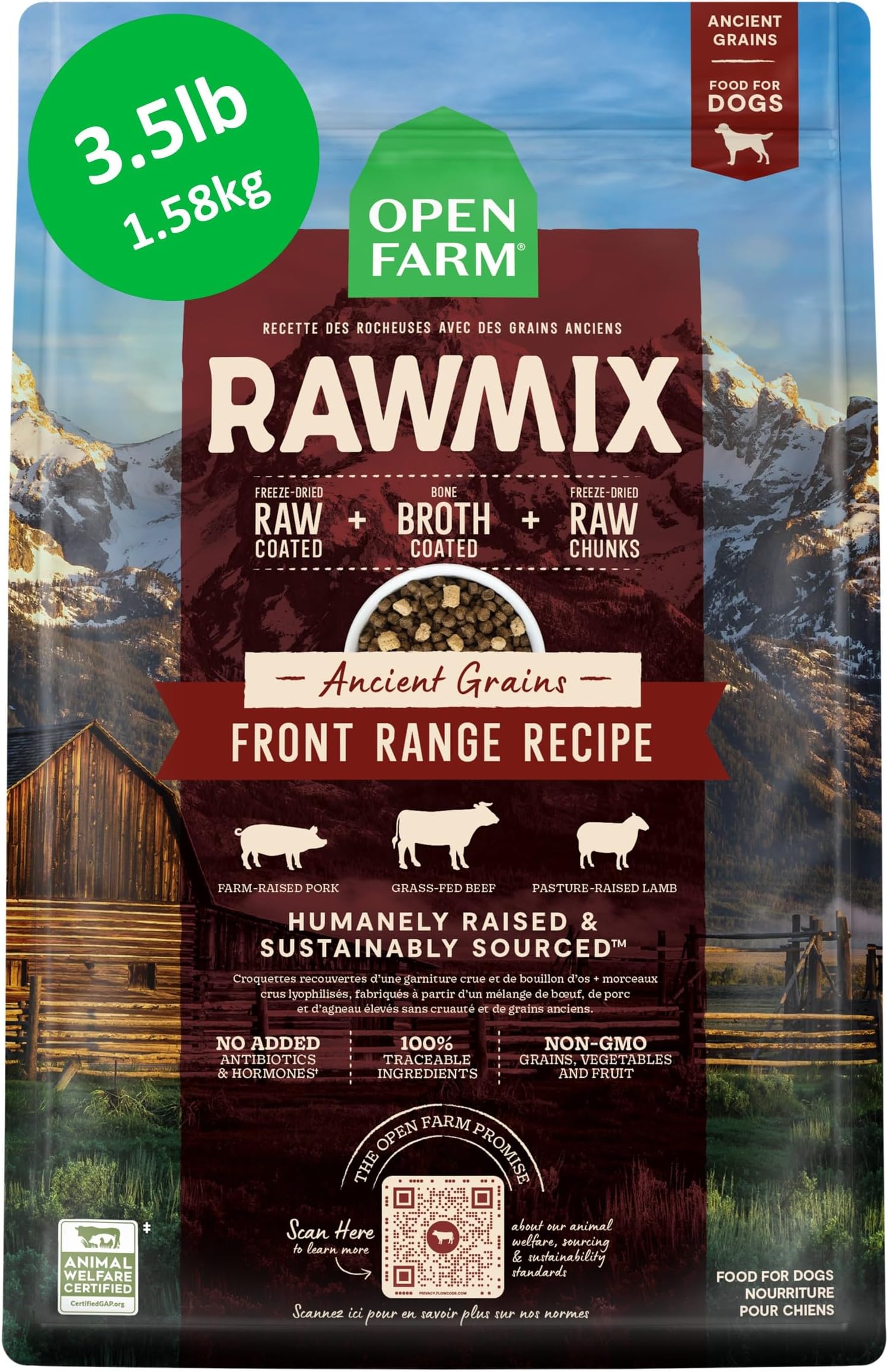 RawMix Dry Dog Food with Ancient Grains, Protein-Packed Kibble Coated in Bone Broth with Freeze Dried Raw Chunks, Beef Pork & Lamb, Front Range Recipe, 3.5lb Bag