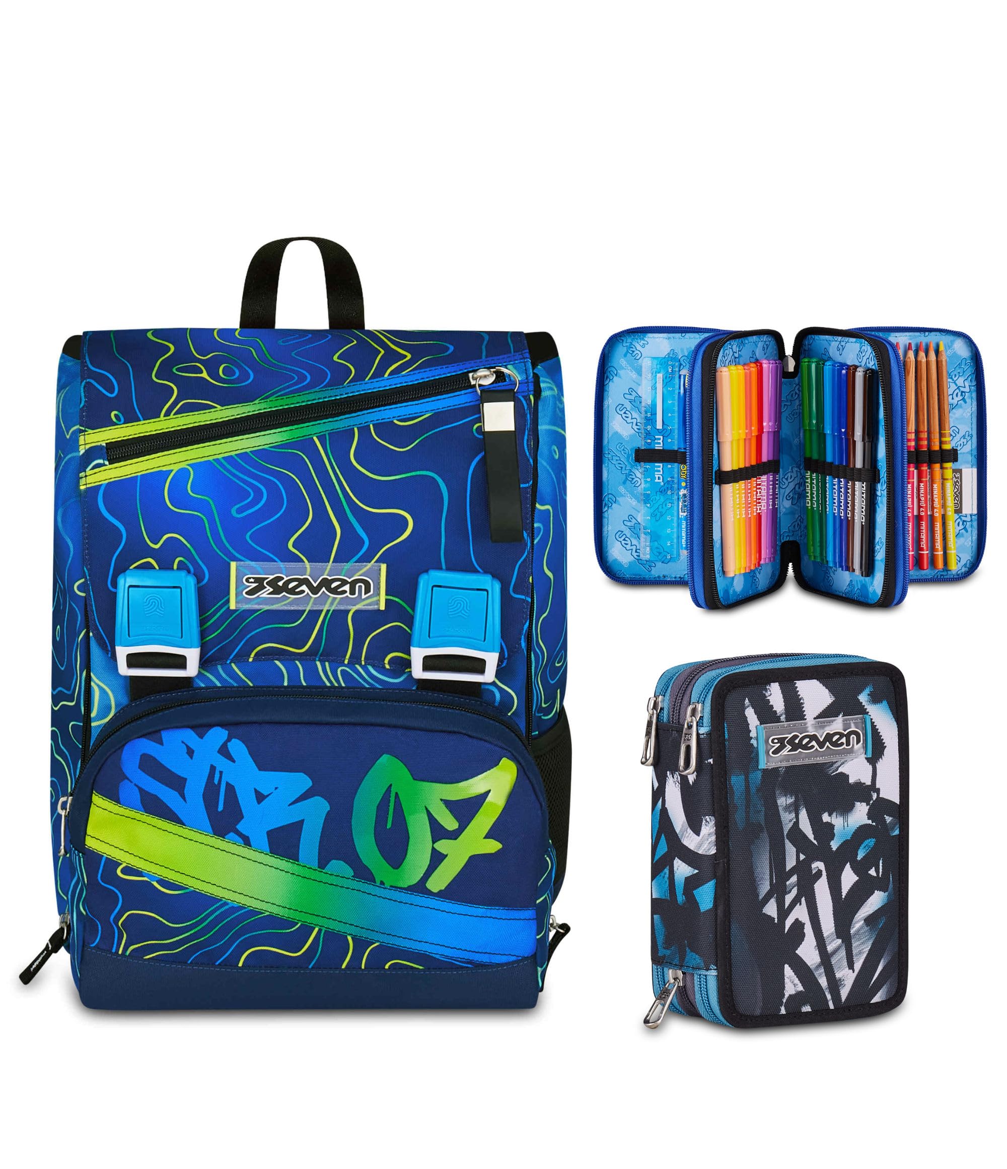 Seven Zaino Doppio Scomparto Estensibile Seven, Blu, Schienale Preformato, Bambino Scuola + Astuccio 3 Zip, Completo di Matite, Pennarelli, Colori, Elementari, Medie, Superiori,