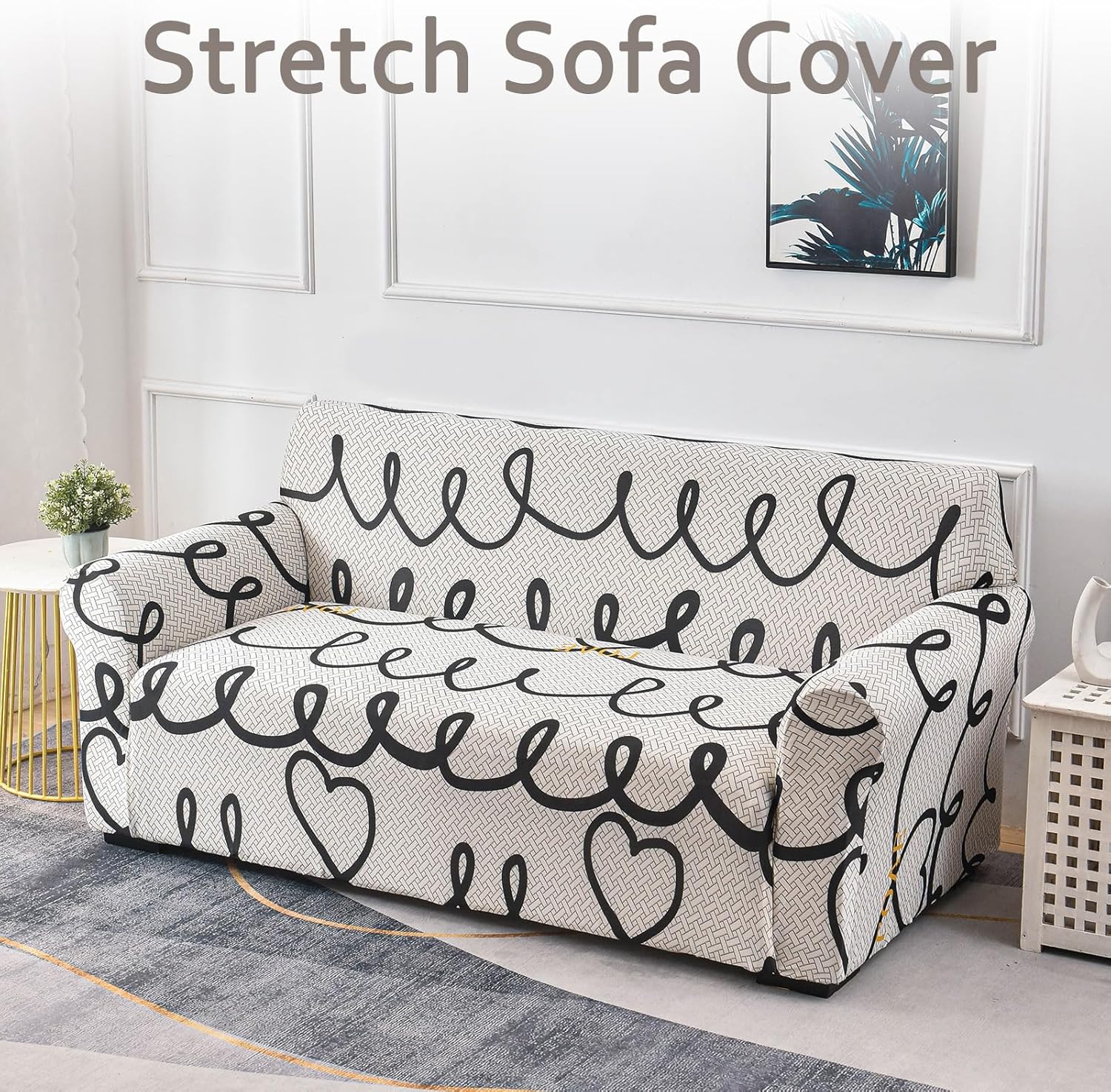 Printed Sofa Slipcovers Modern Stretch Couch Protector for Living Room Large Size Washable Furniture Covers(Plaid Love,4 Seater/Large 3 Seater)