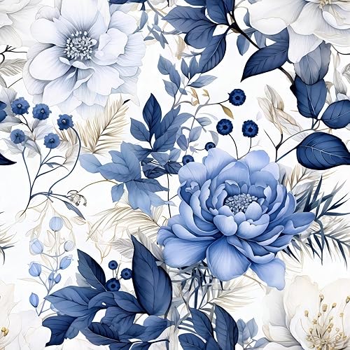 Booming Peony Floral Peel and Stick Wallpaper - Blue/White Self Adhesive Removable Leaf Wallpaper - Nursery Bedroom Mural Wall Decorative - 17.7"x236.2"